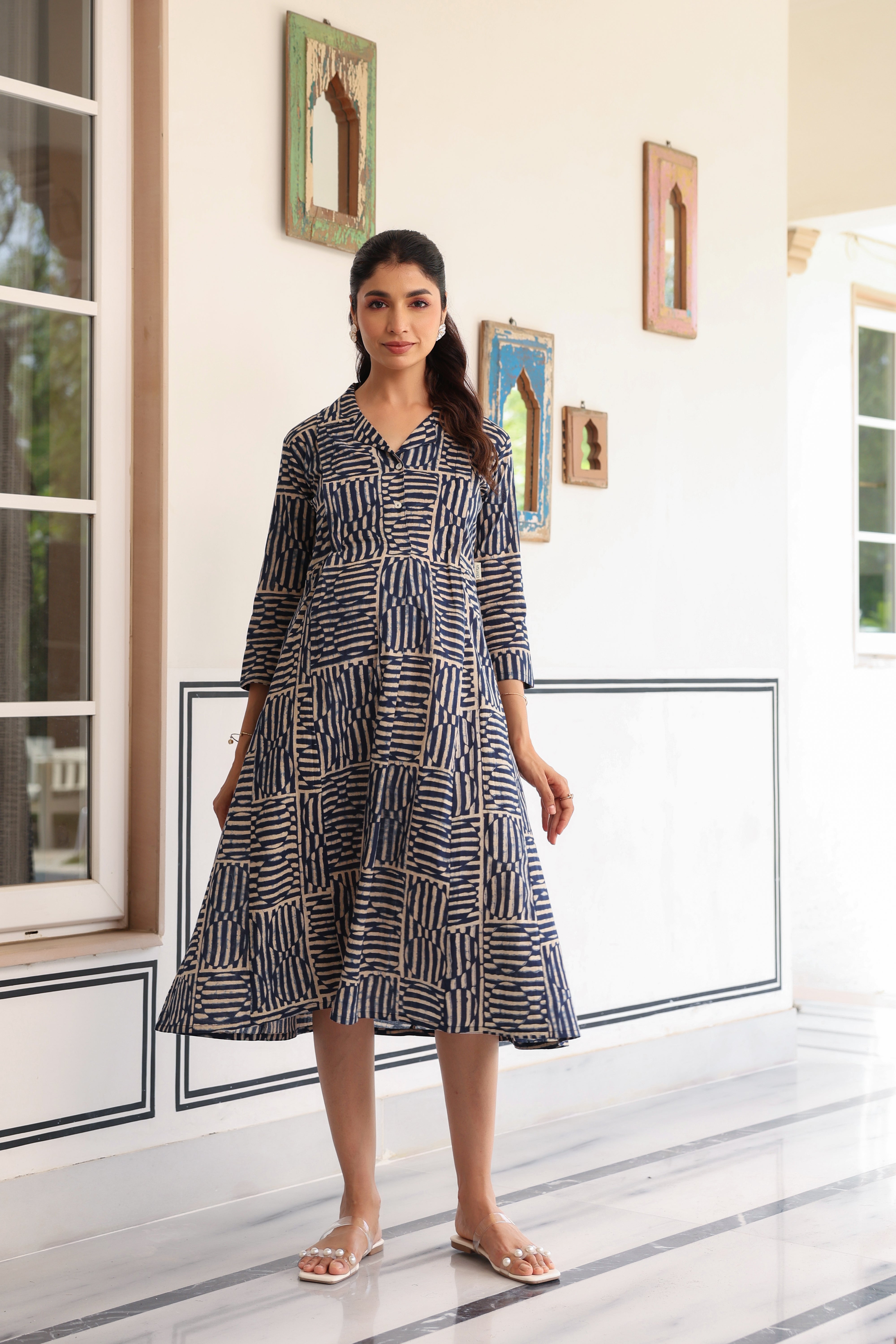 Indigo Maze Cotton Maternity - Nursing Dress