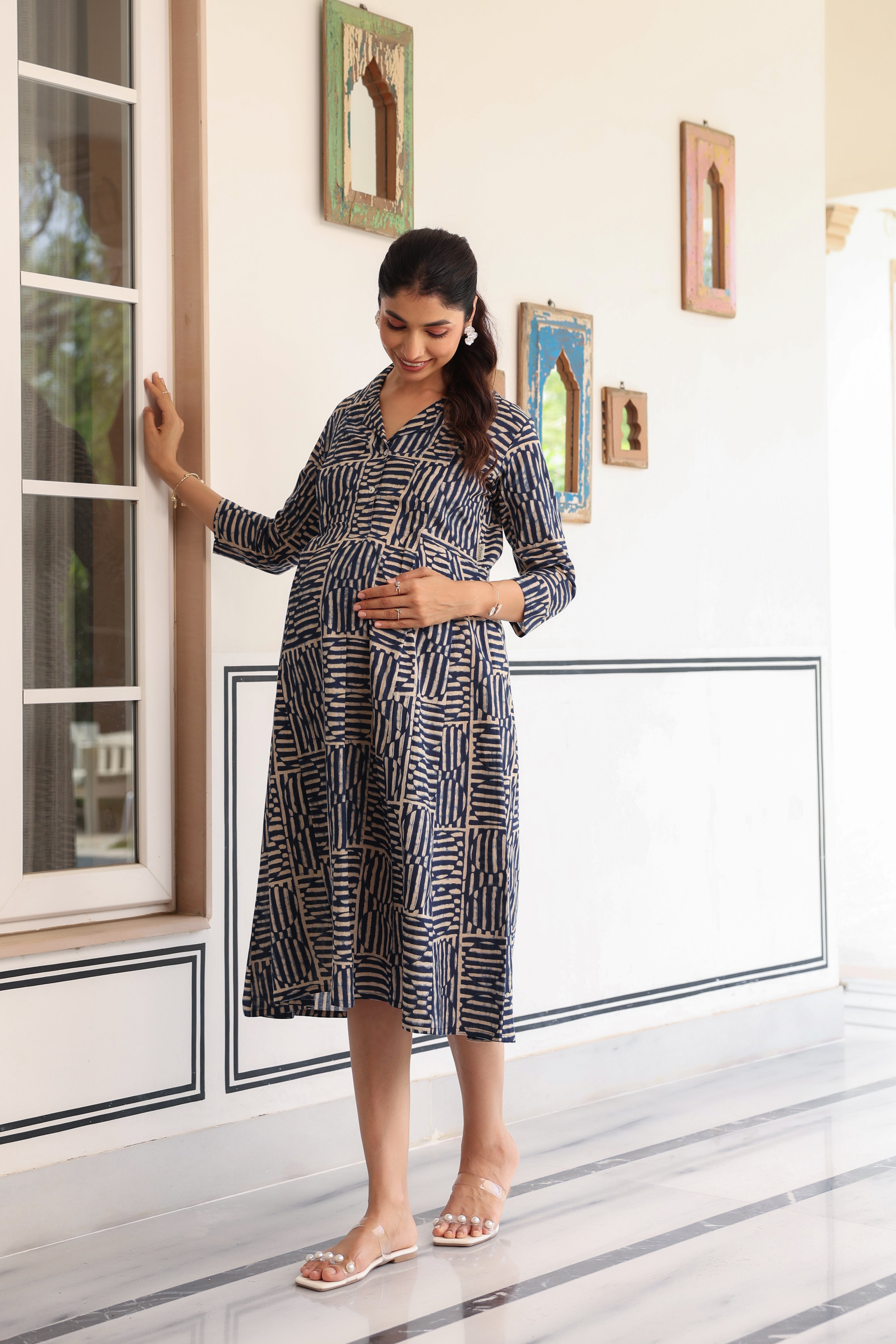 Indigo Maze Cotton Maternity - Nursing Dress