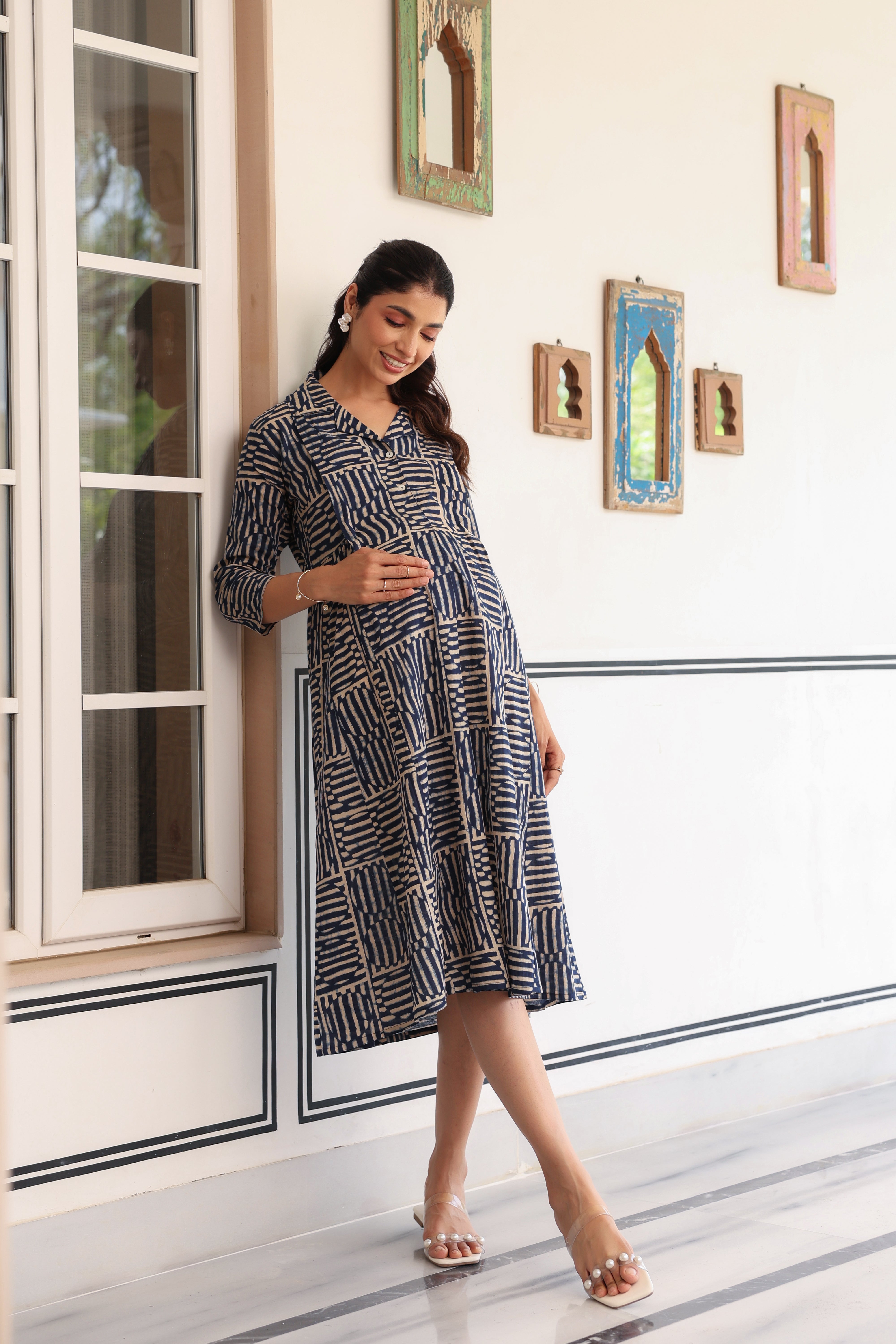 Indigo Maze Cotton Maternity - Nursing Dress