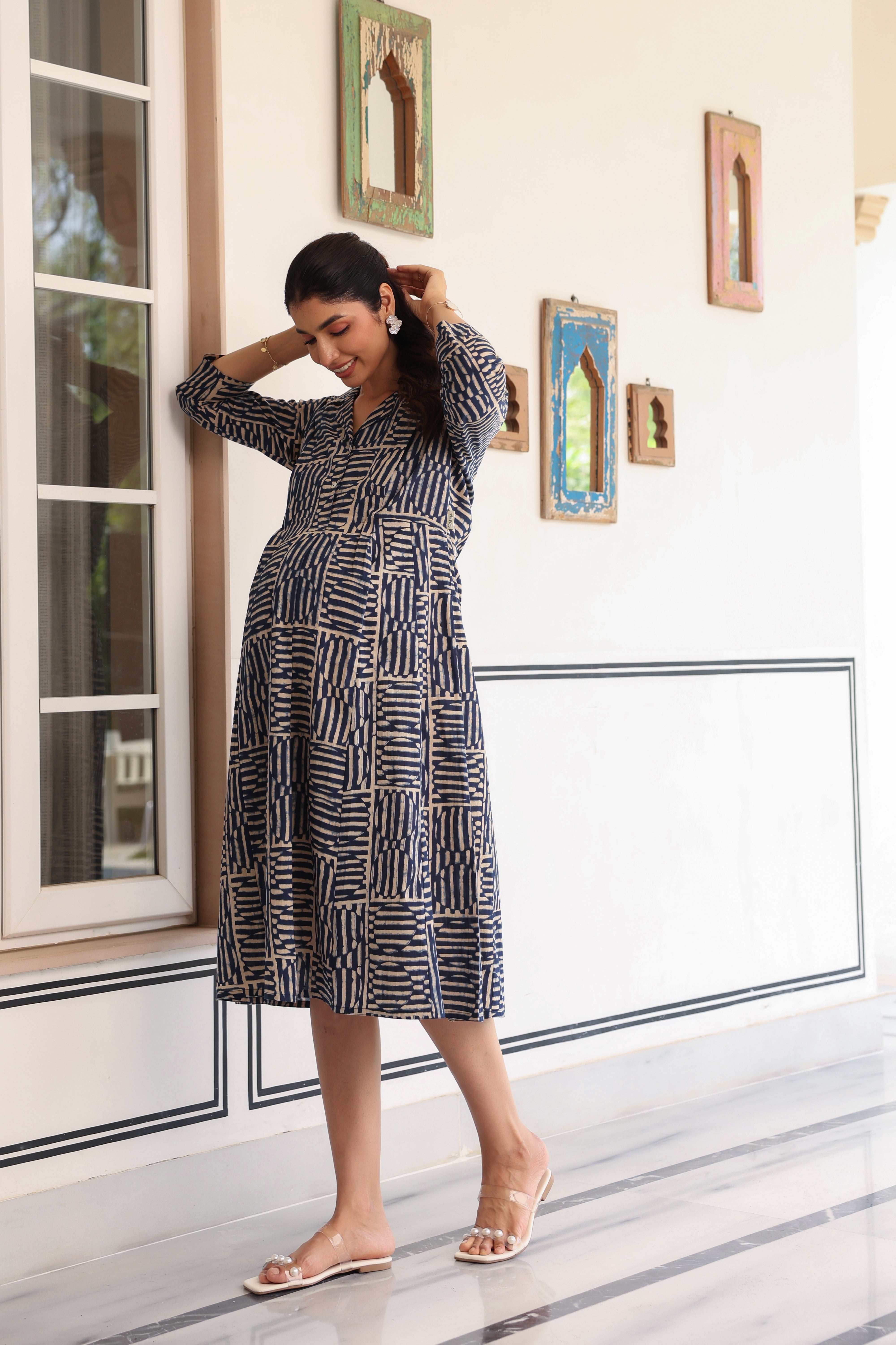 Indigo Maze Cotton Maternity - Nursing Dress