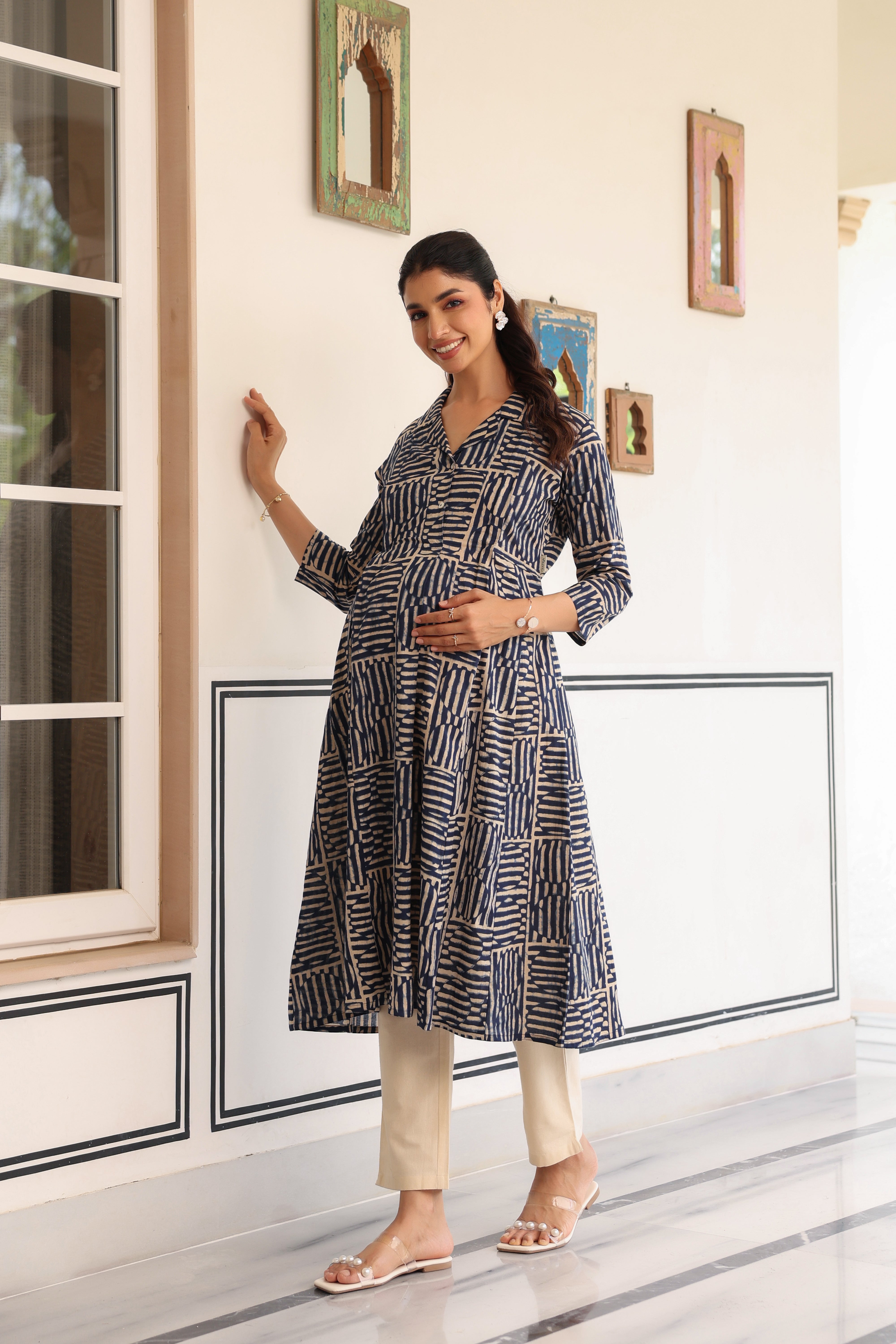 Indigo Maze Cotton Maternity - Nursing Kurta