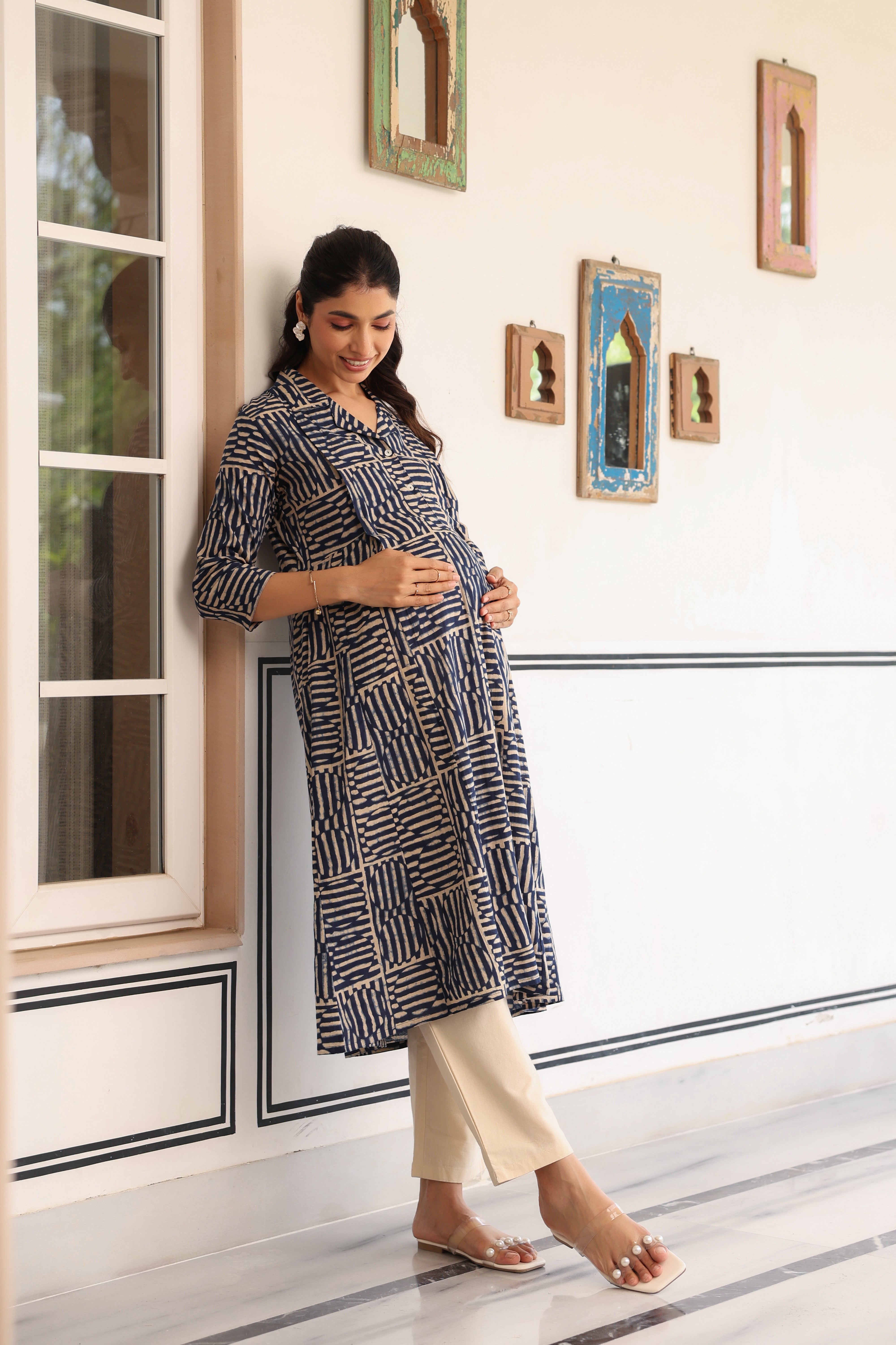 Indigo Maze Cotton Maternity - Nursing Kurta