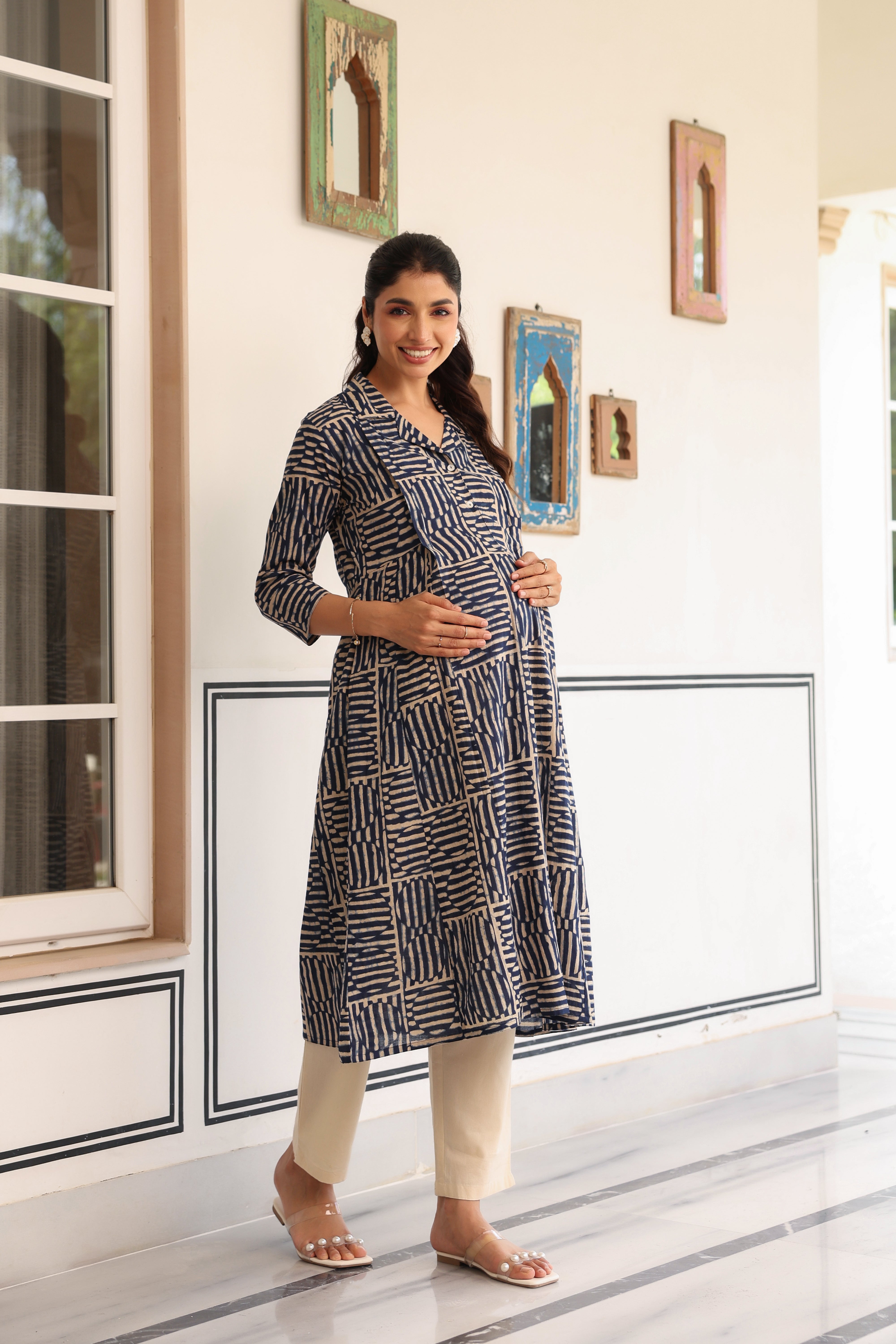 Indigo Maze Cotton Maternity - Nursing Kurta