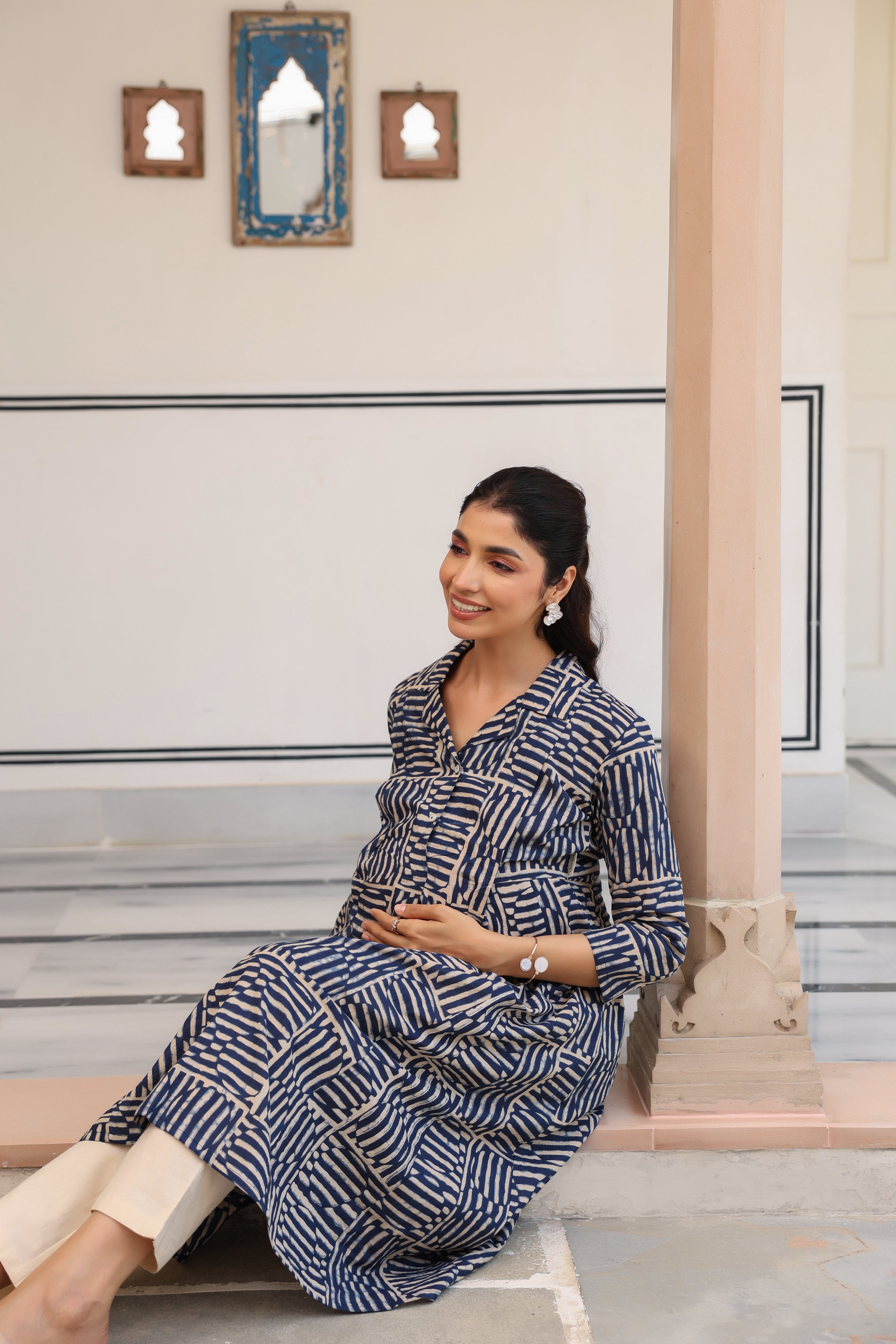 Indigo Maze Cotton Maternity - Nursing Kurta