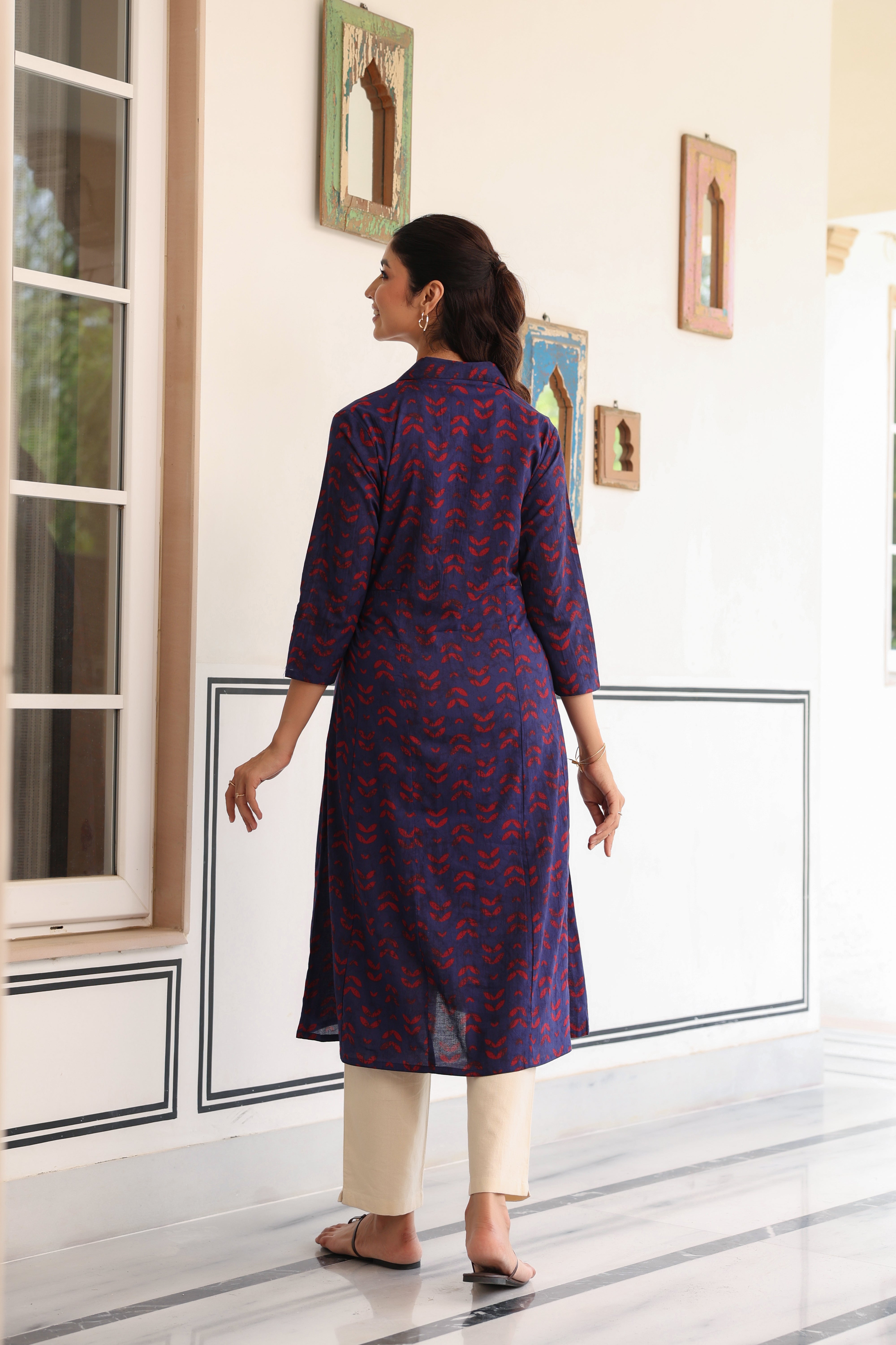 Indigo Petal Wave Cotton Maternity - Nursing Kurta