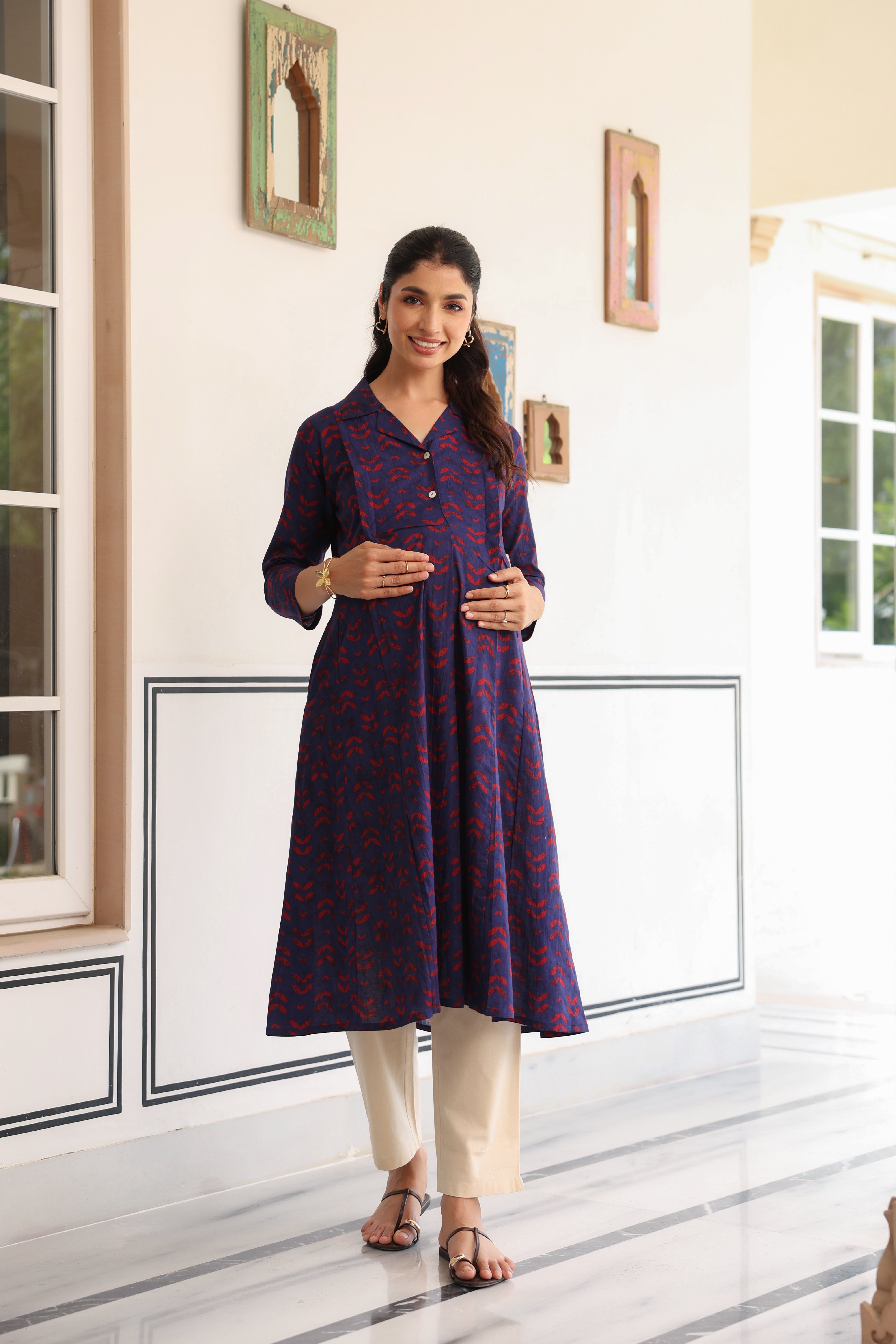Indigo Petal Wave Cotton Maternity - Nursing Kurta