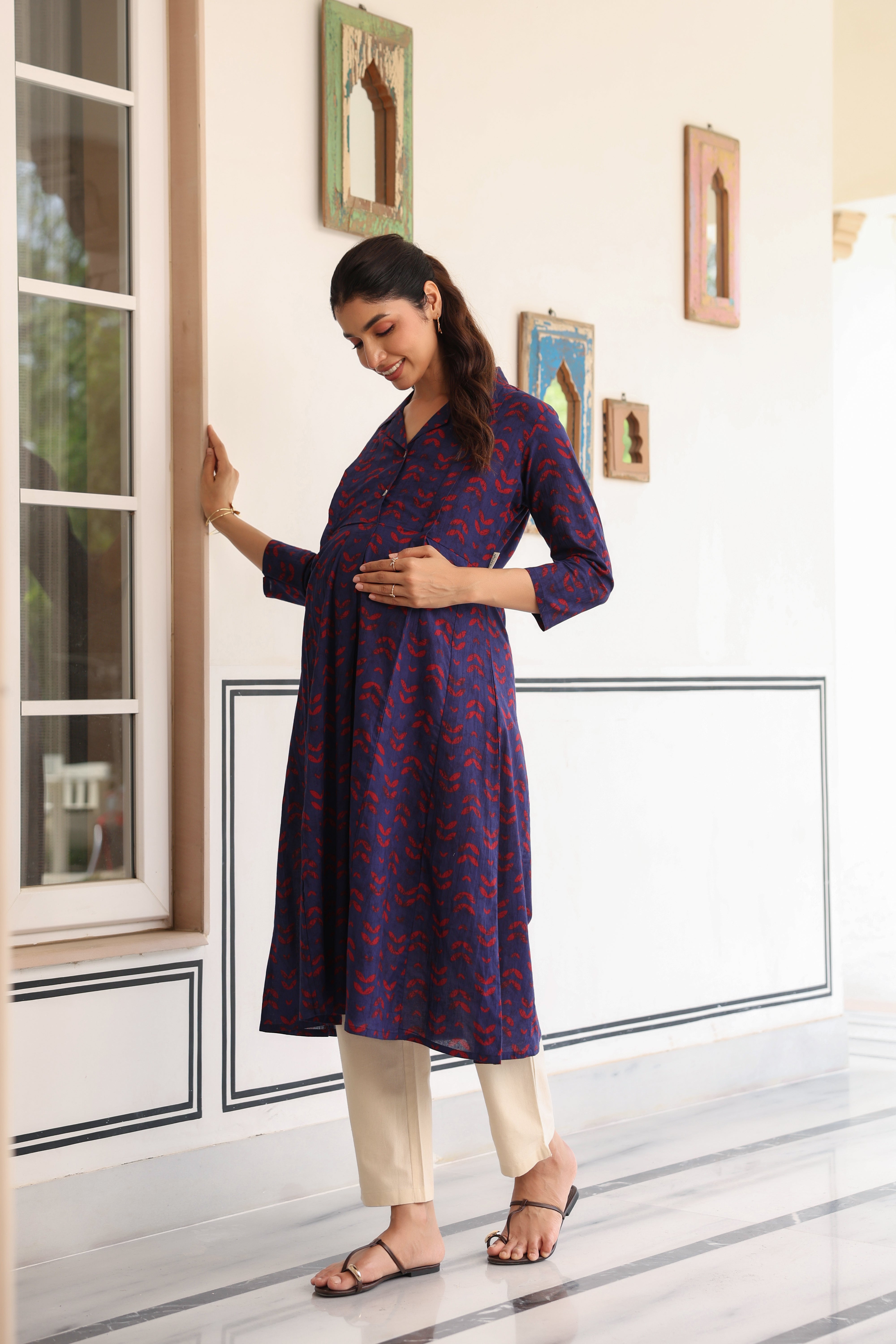 Indigo Petal Wave Cotton Maternity - Nursing Kurta