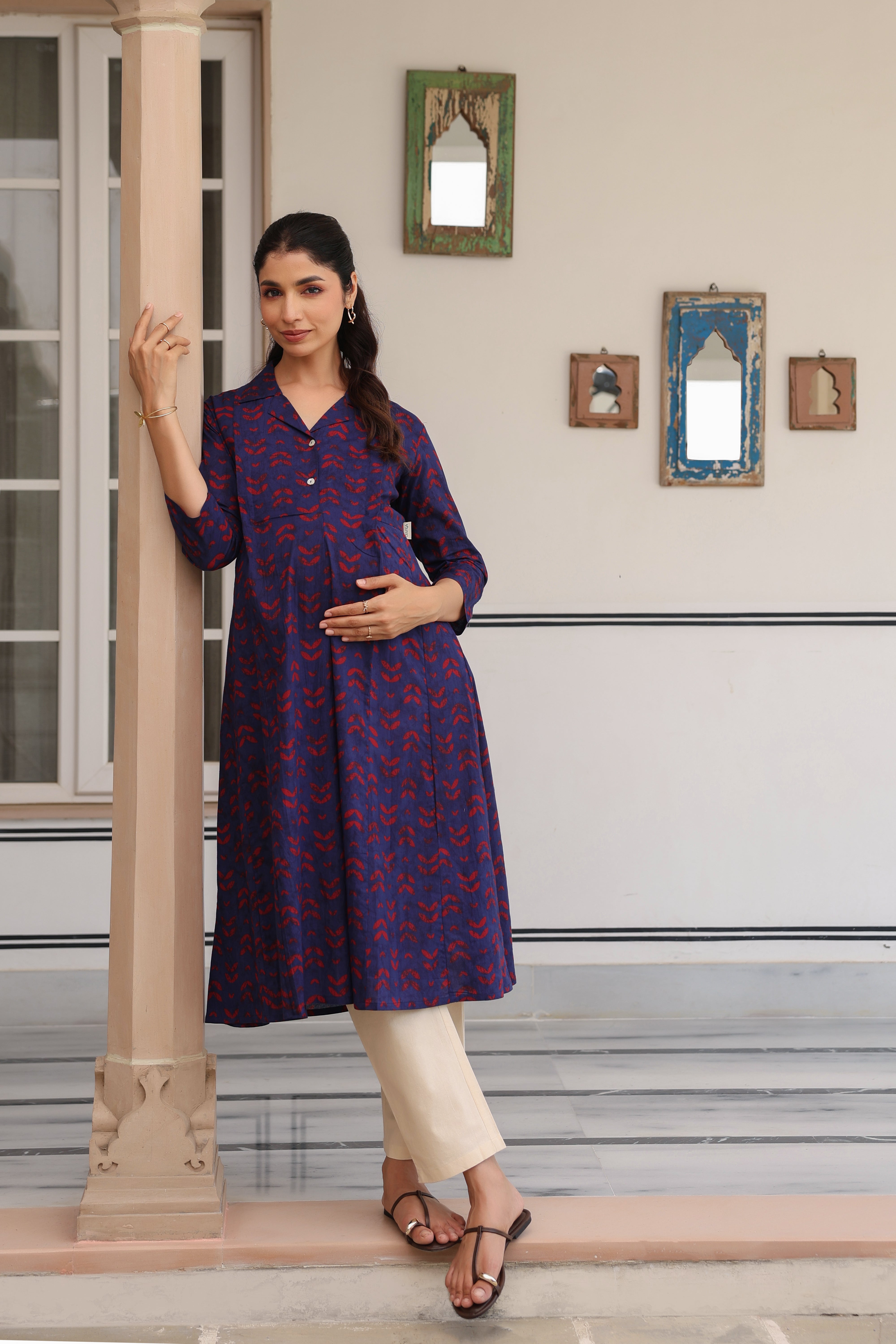 Indigo Petal Wave Cotton Maternity - Nursing Kurta
