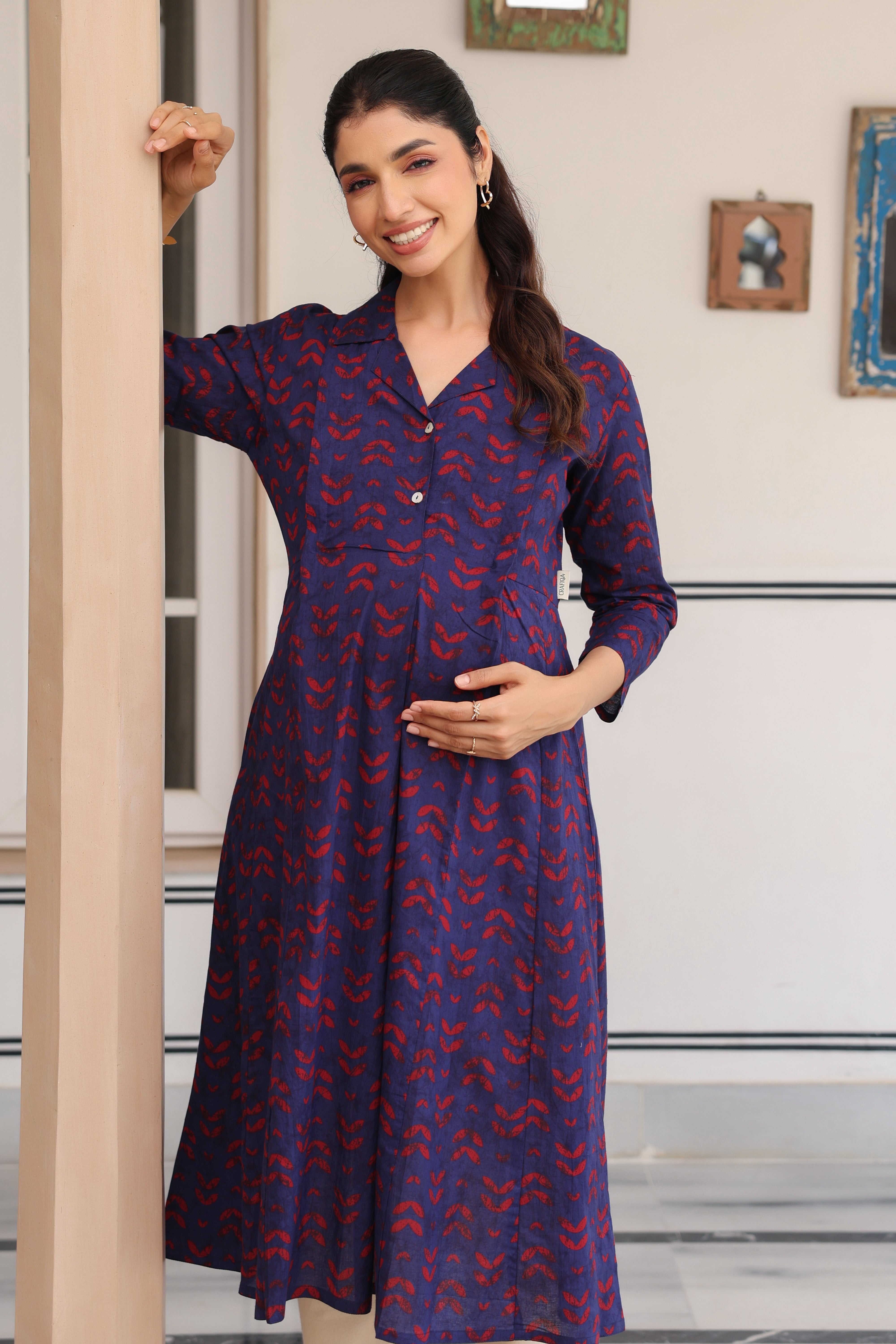 Indigo Petal Wave Cotton Maternity - Nursing Kurta