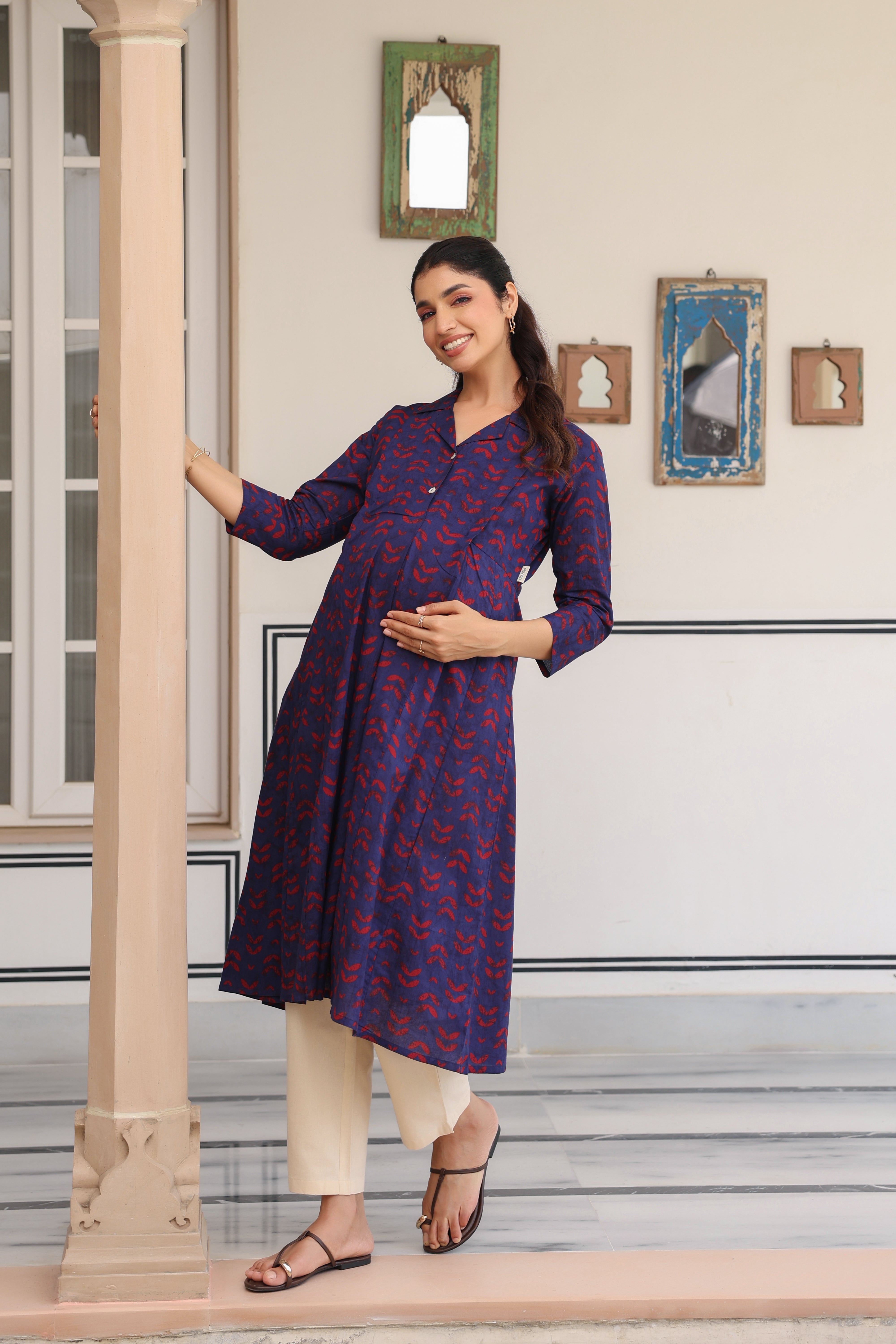 Indigo Petal Wave Cotton Maternity - Nursing Kurta