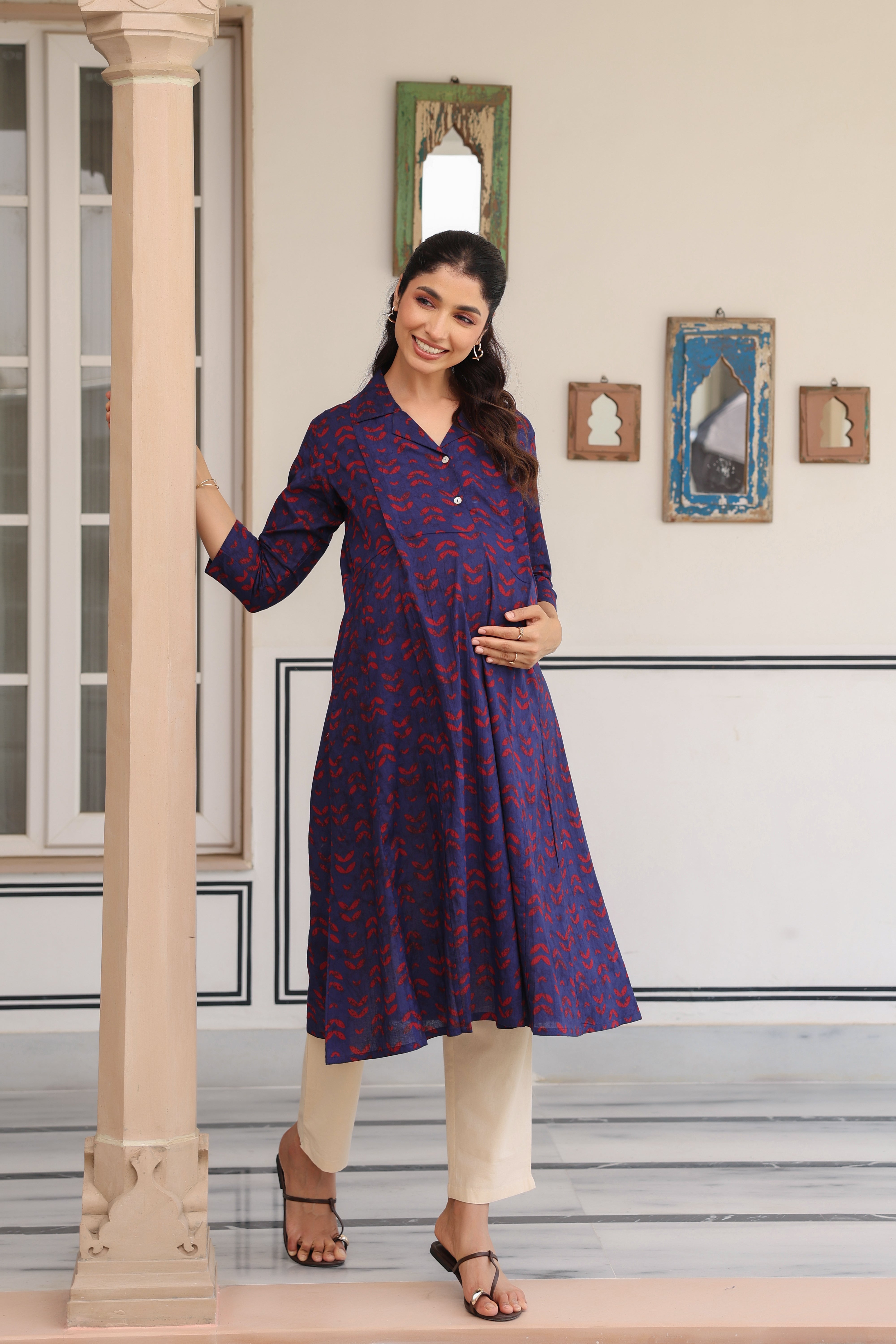 Indigo Petal Wave Cotton Maternity - Nursing Kurta