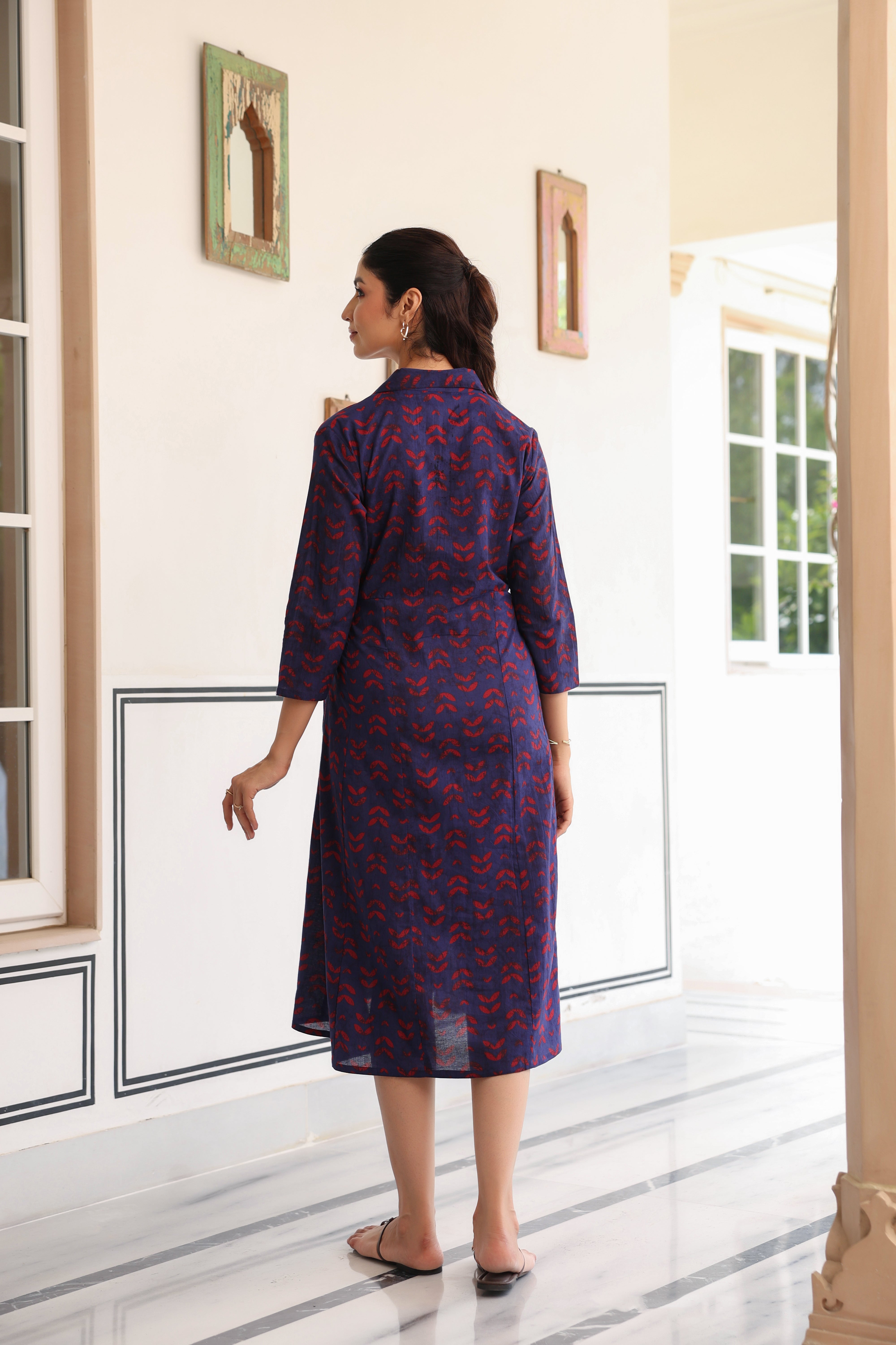 Indigo Petal Wave Cotton Maternity - Nursing Dress