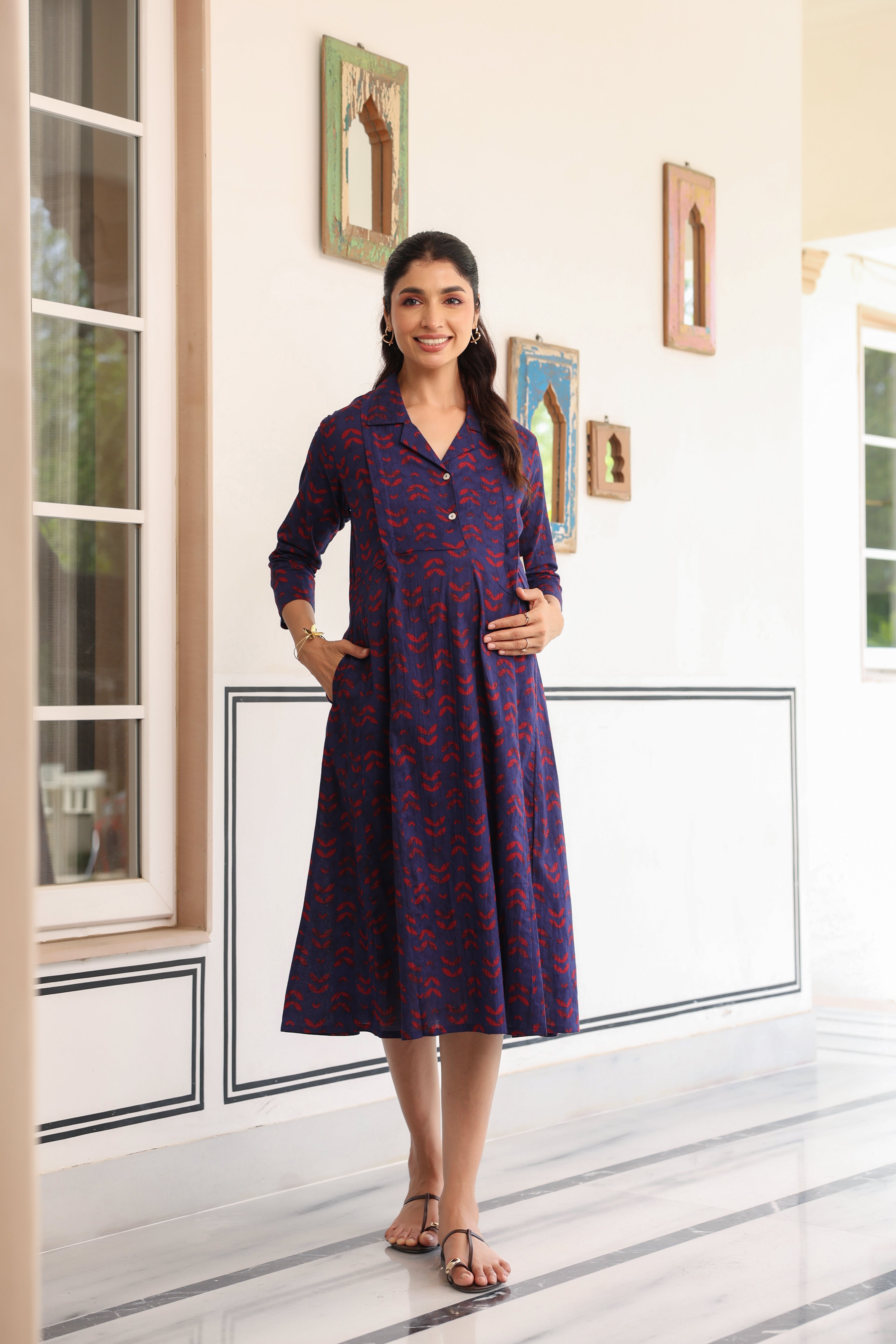 Indigo Petal Wave Cotton Maternity - Nursing Dress
