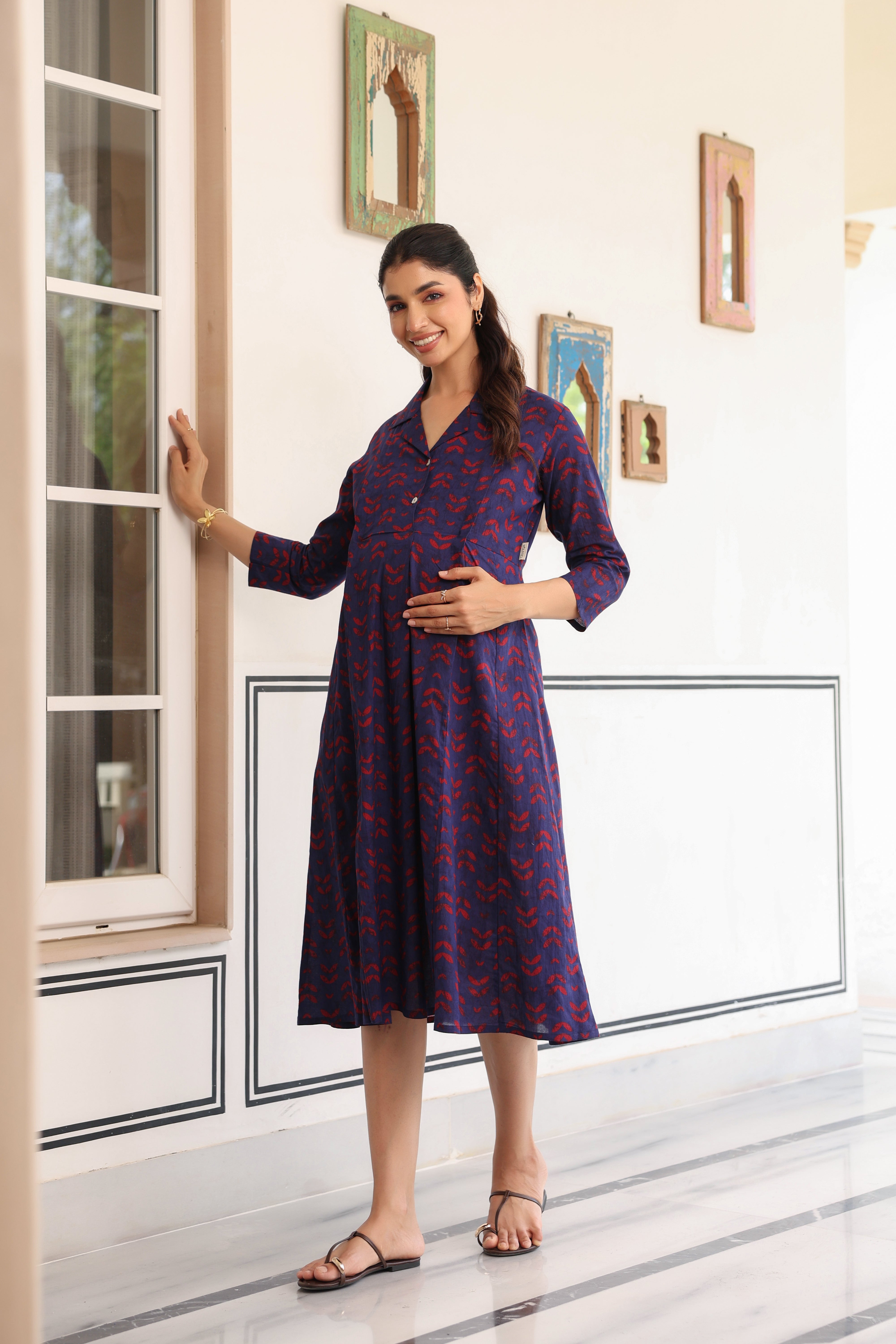 Indigo Petal Wave Cotton Maternity - Nursing Dress