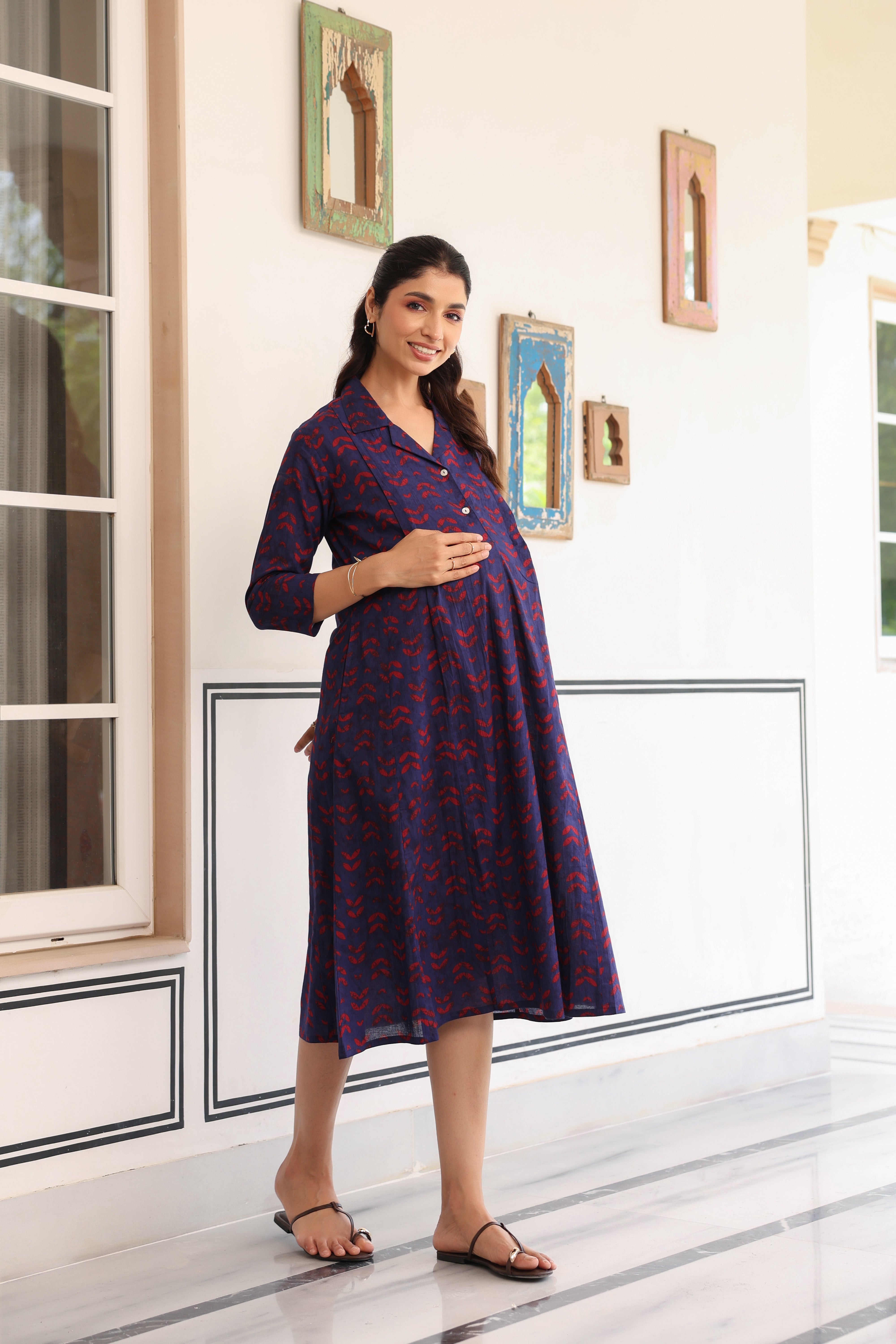 Indigo Petal Wave Cotton Maternity - Nursing Dress