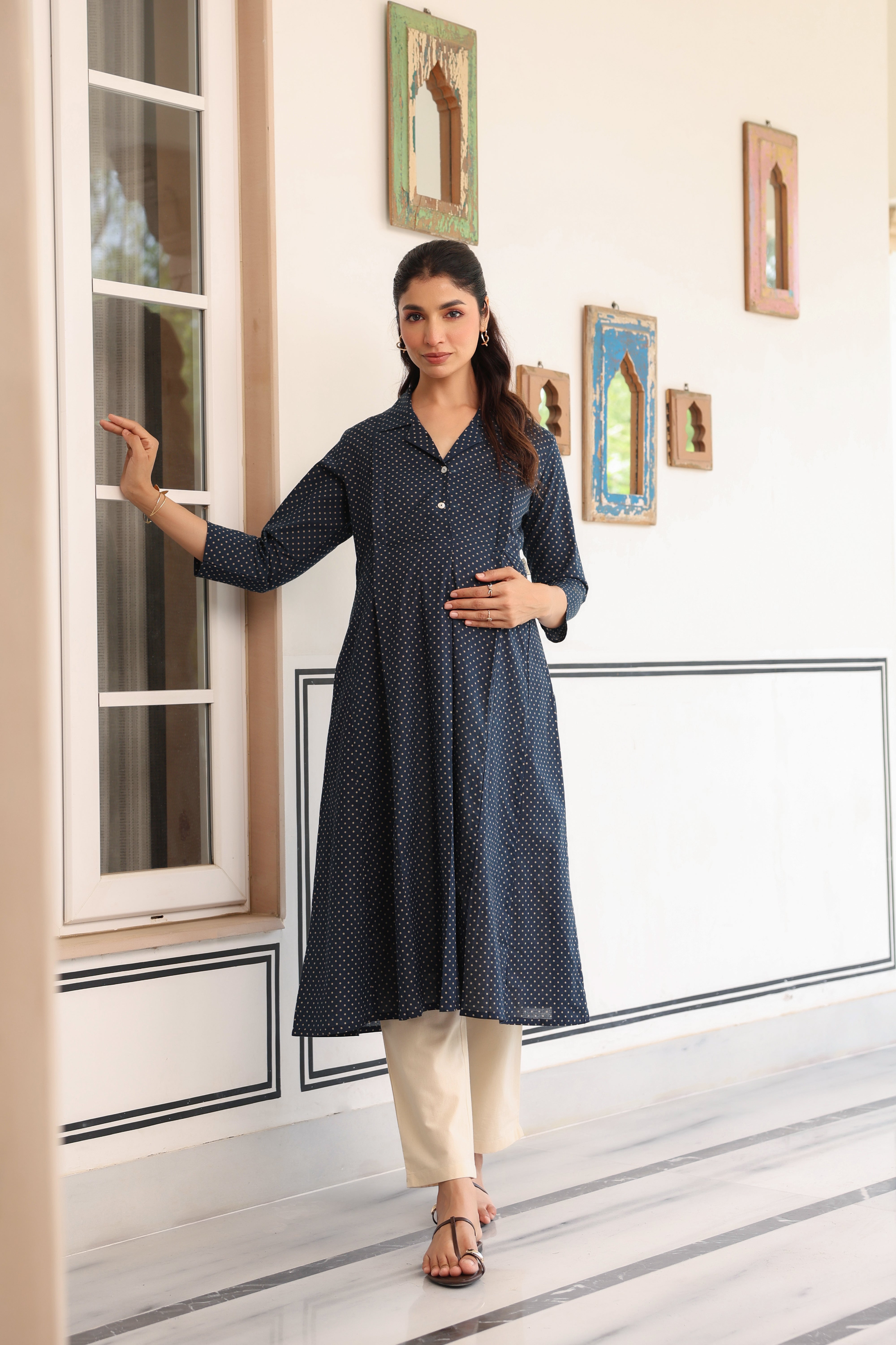 Stardust Indigo Cotton Maternity - Nursing Kurta