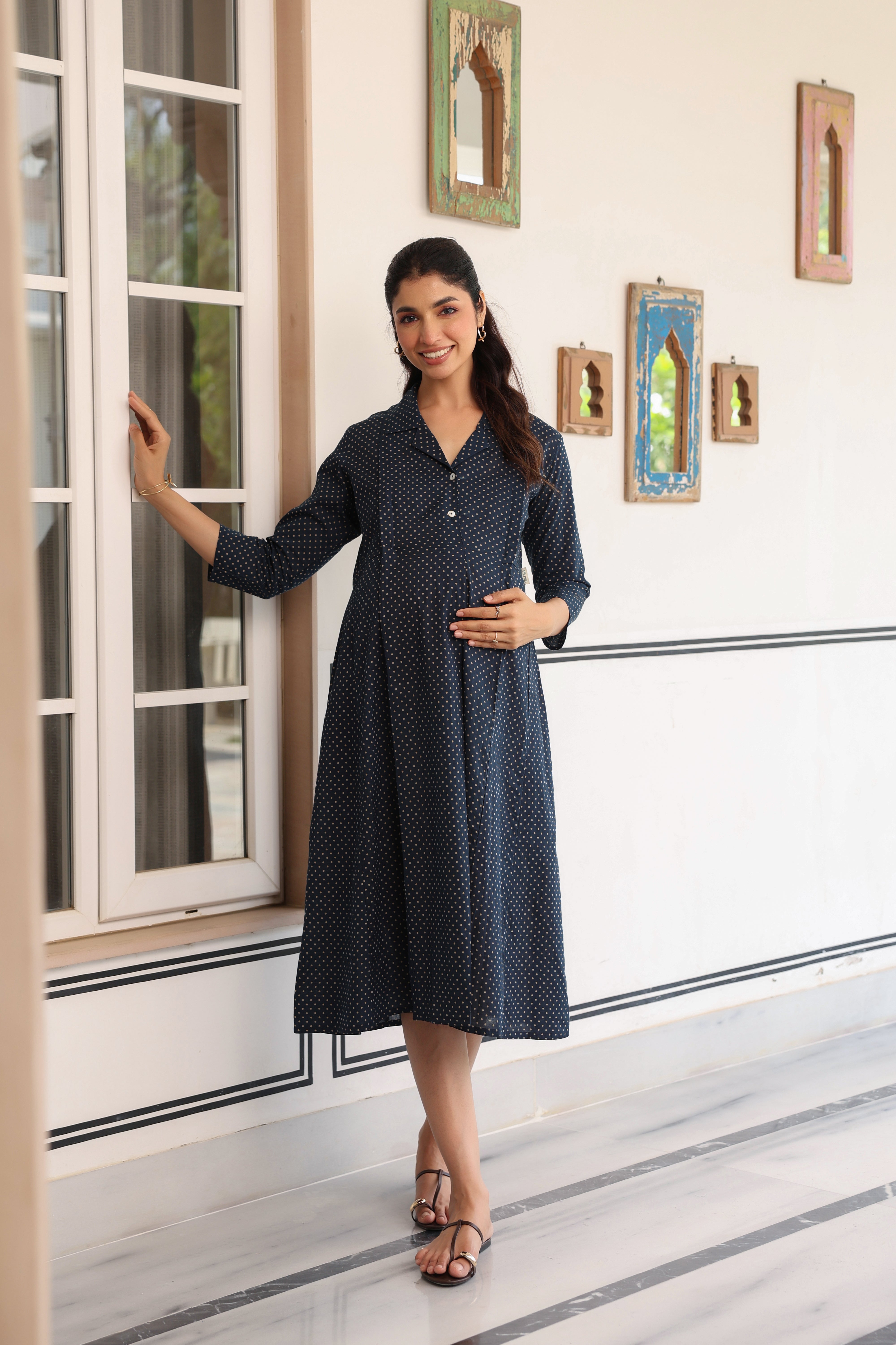 Stardust Indigo Cotton Maternity - Nursing Dress