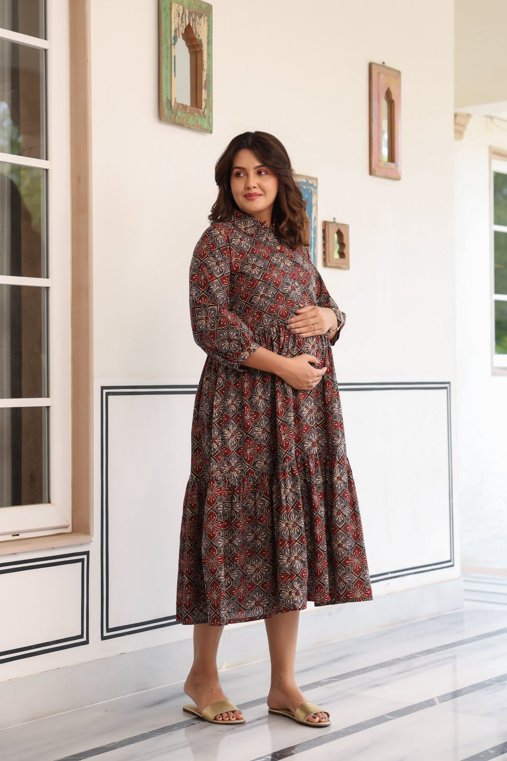Ajrakh Weave Cotton Maternity - Nursing Dress