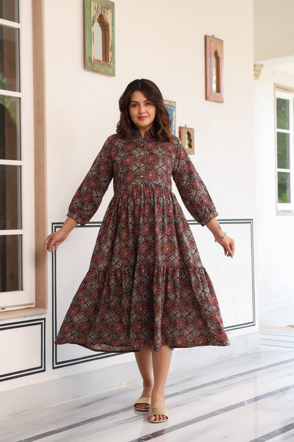 Ajrakh Weave Cotton Maternity - Nursing Dress