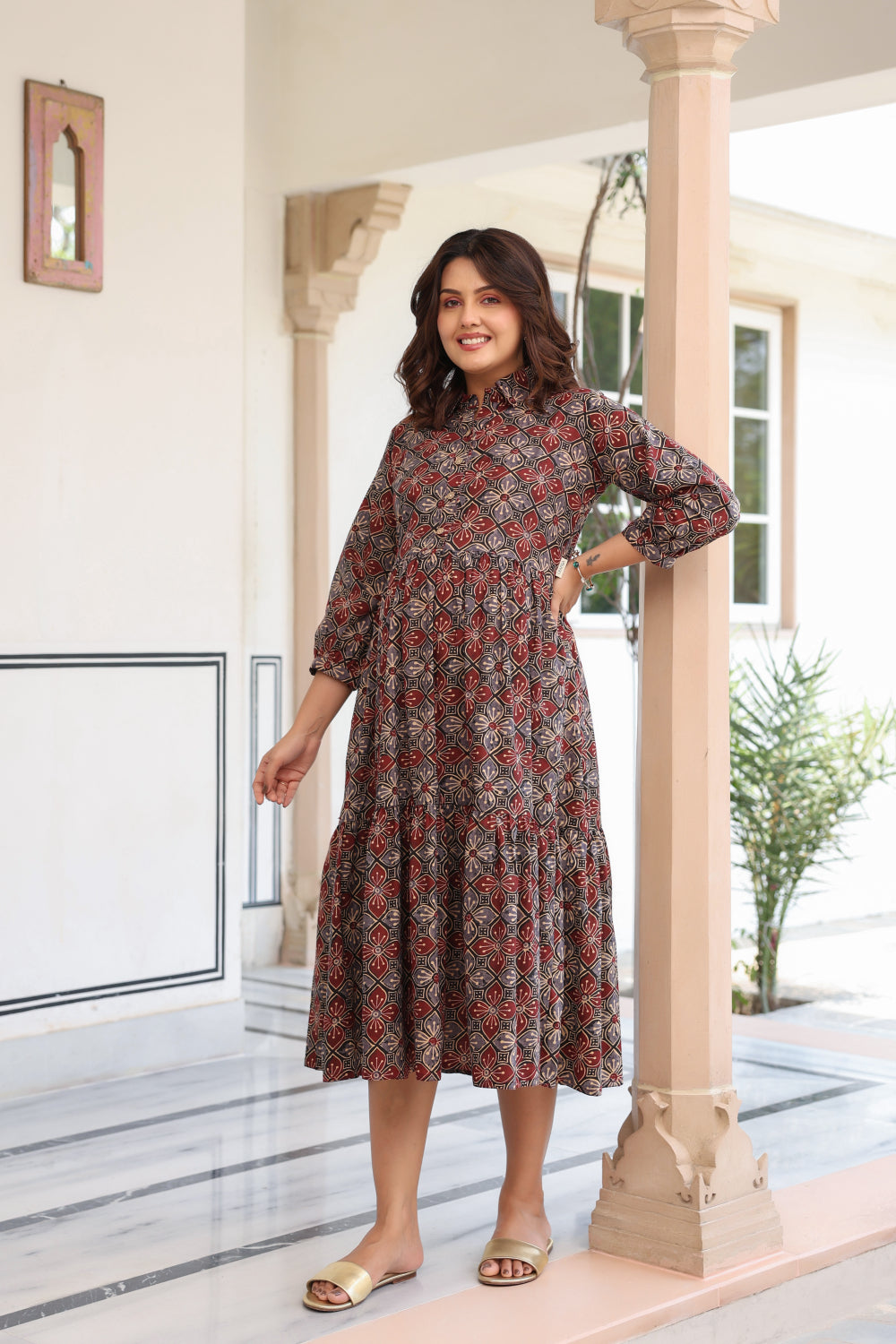 Ajrakh Weave Cotton Maternity - Nursing Dress