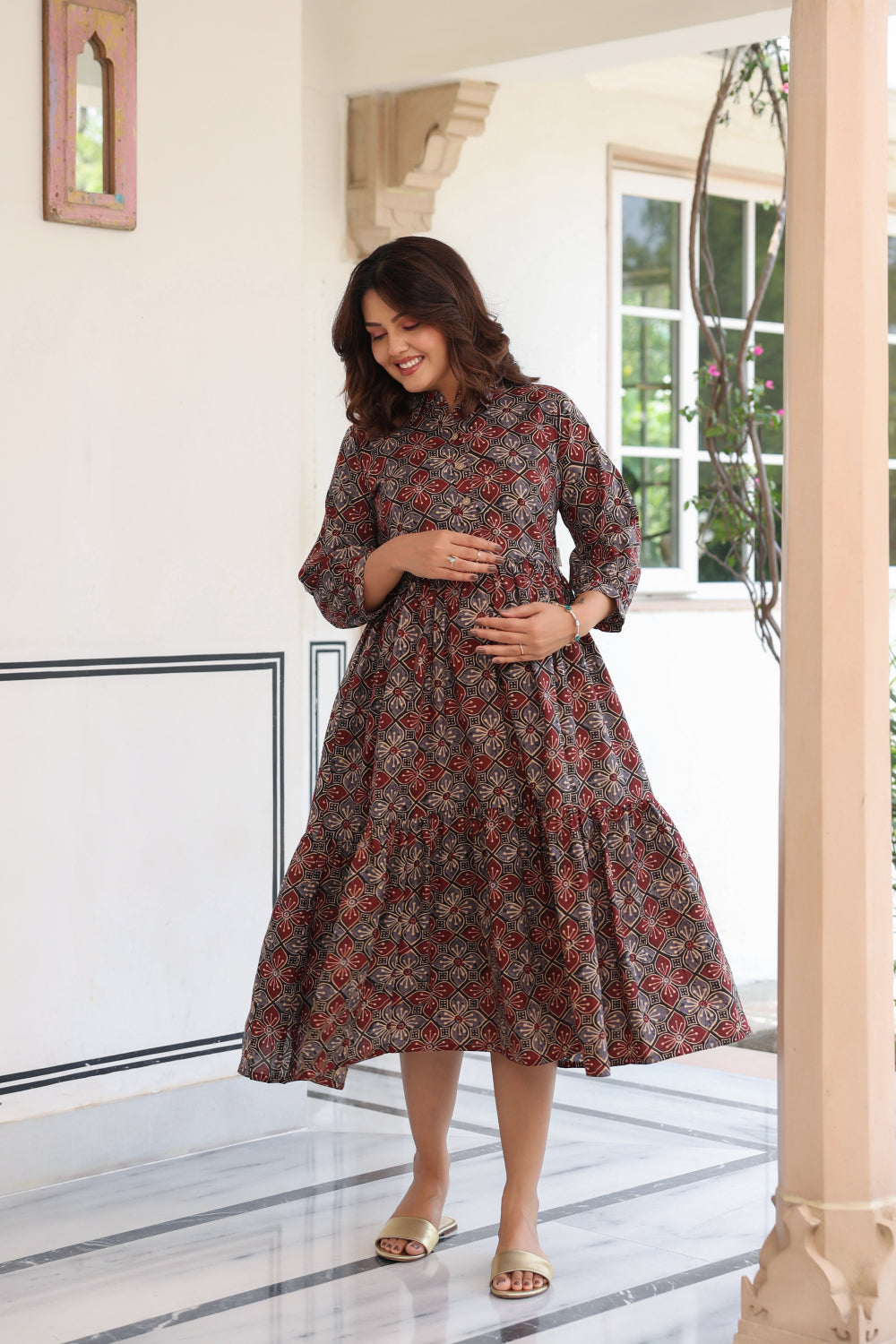 Ajrakh Weave Cotton Maternity - Nursing Dress