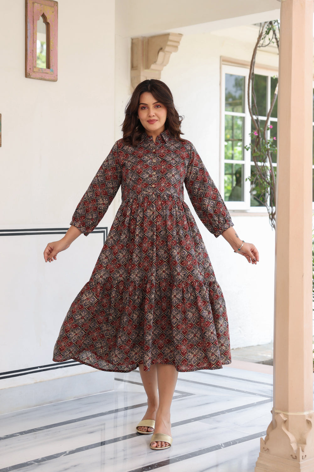 Ajrakh Weave Cotton Maternity - Nursing Dress