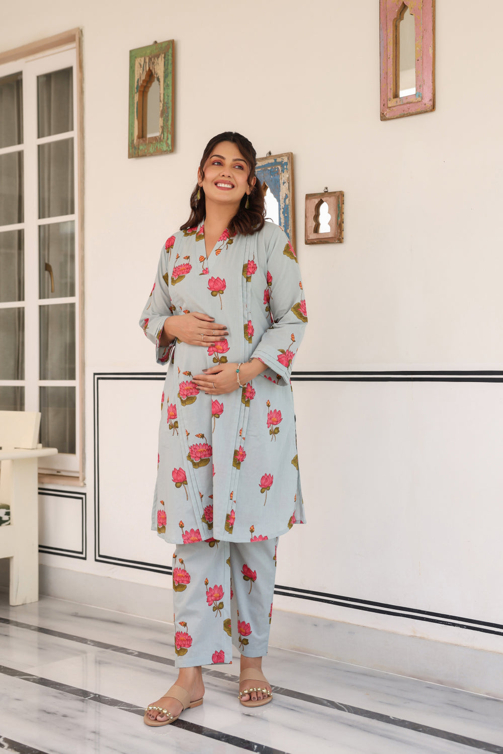 Vintage Lotus Pond Cotton Maternity - Nursing Co-ord Set