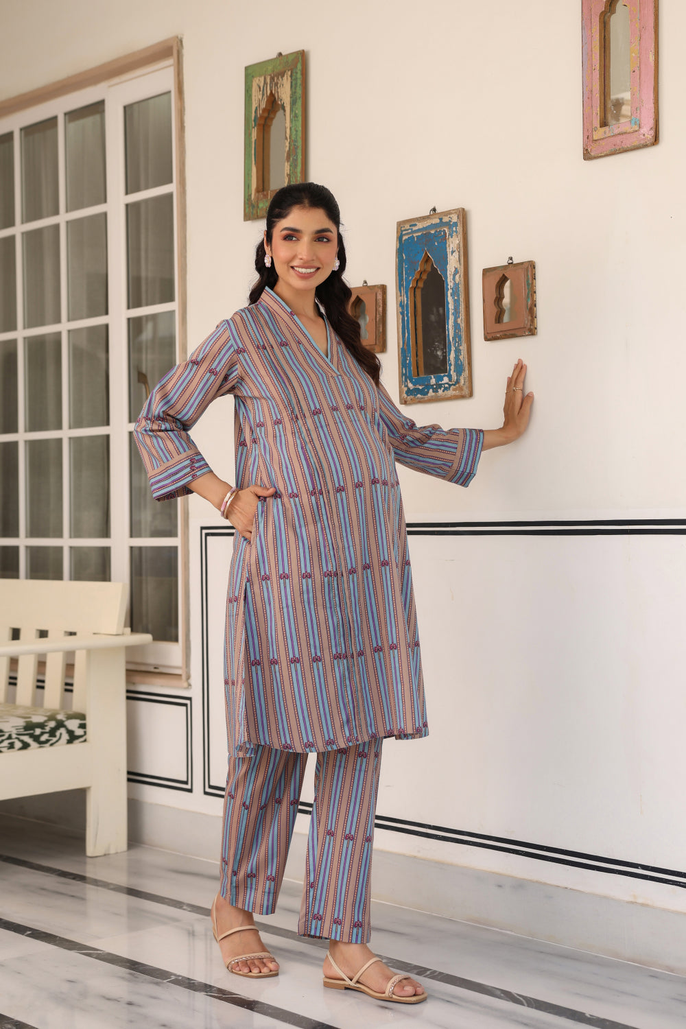 Azure Ajrakh Lines Cotton Maternity - Nursing Co-ord Set