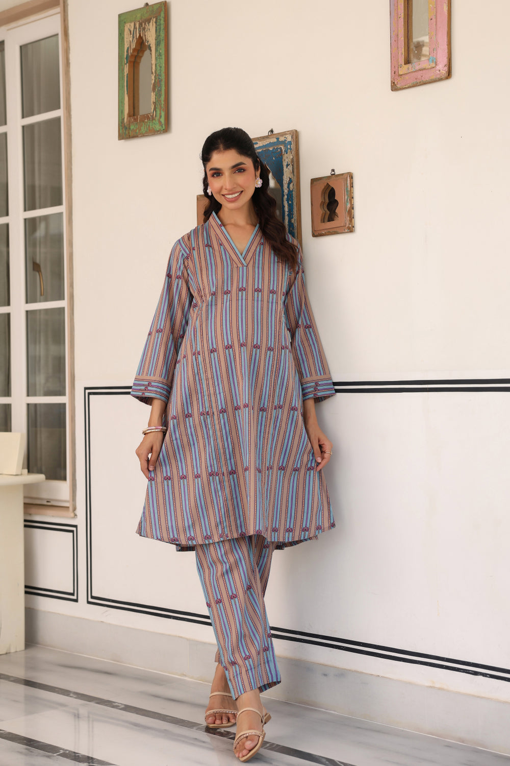 Azure Ajrakh Lines Cotton Maternity - Nursing Co-ord Set