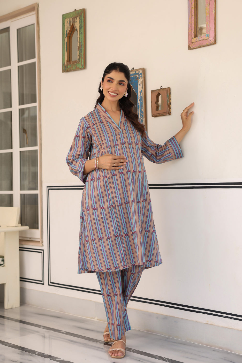Azure Ajrakh Lines Cotton Maternity - Nursing Co-ord Set