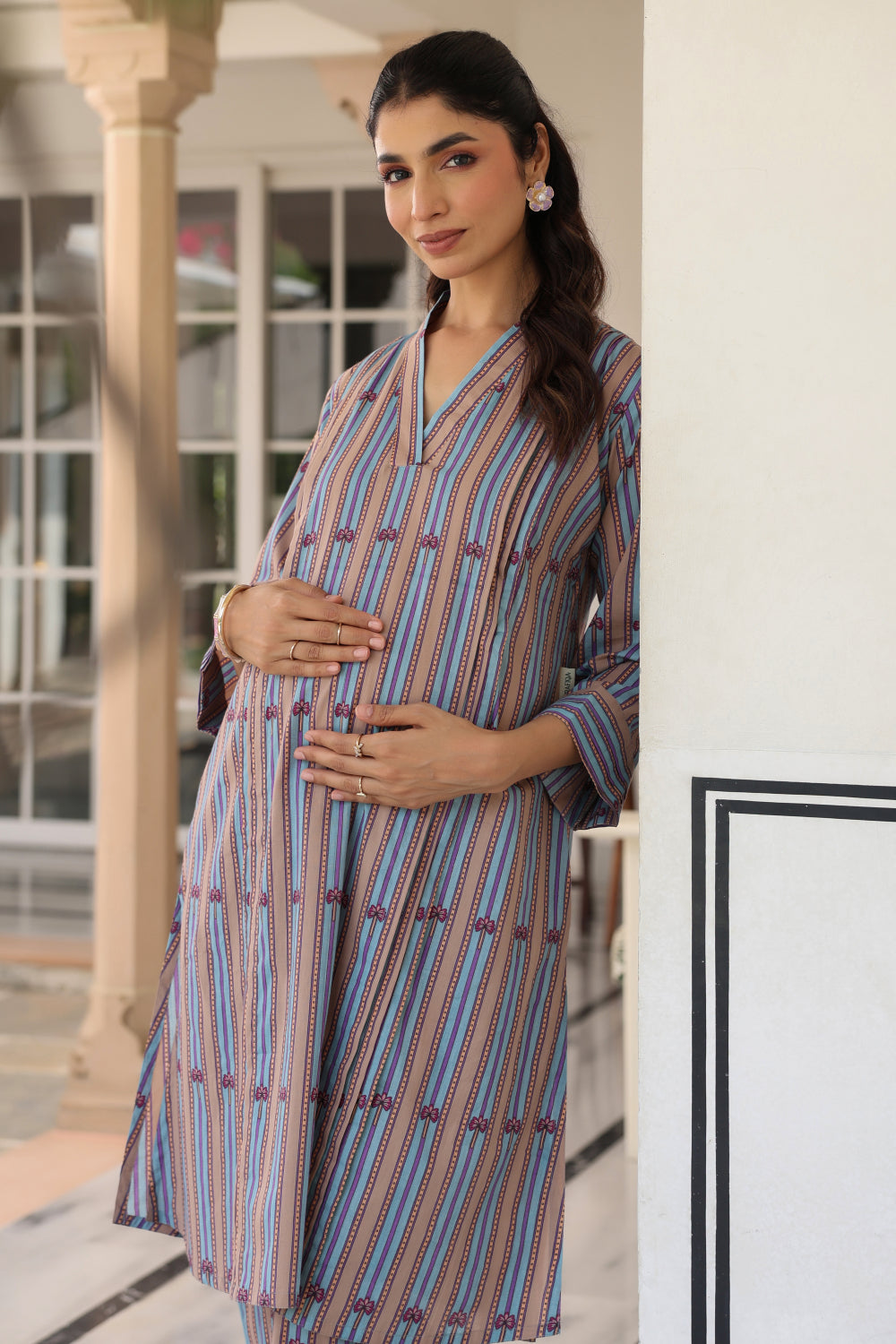 Azure Ajrakh Lines Cotton Maternity - Nursing Co-ord Set