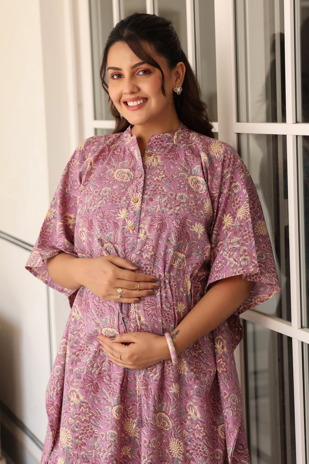 Mauve Meadow Cotton Maternity - Nursing Kaftan ( One-Size )
