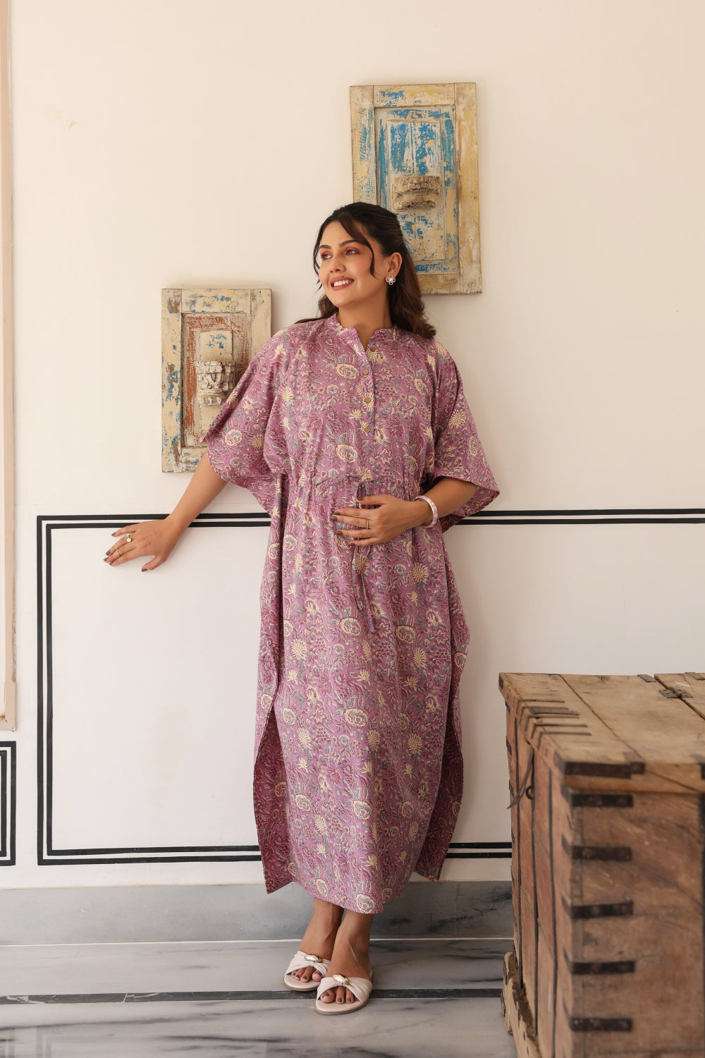 Mauve Meadow Cotton Maternity - Nursing Kaftan ( One-Size )
