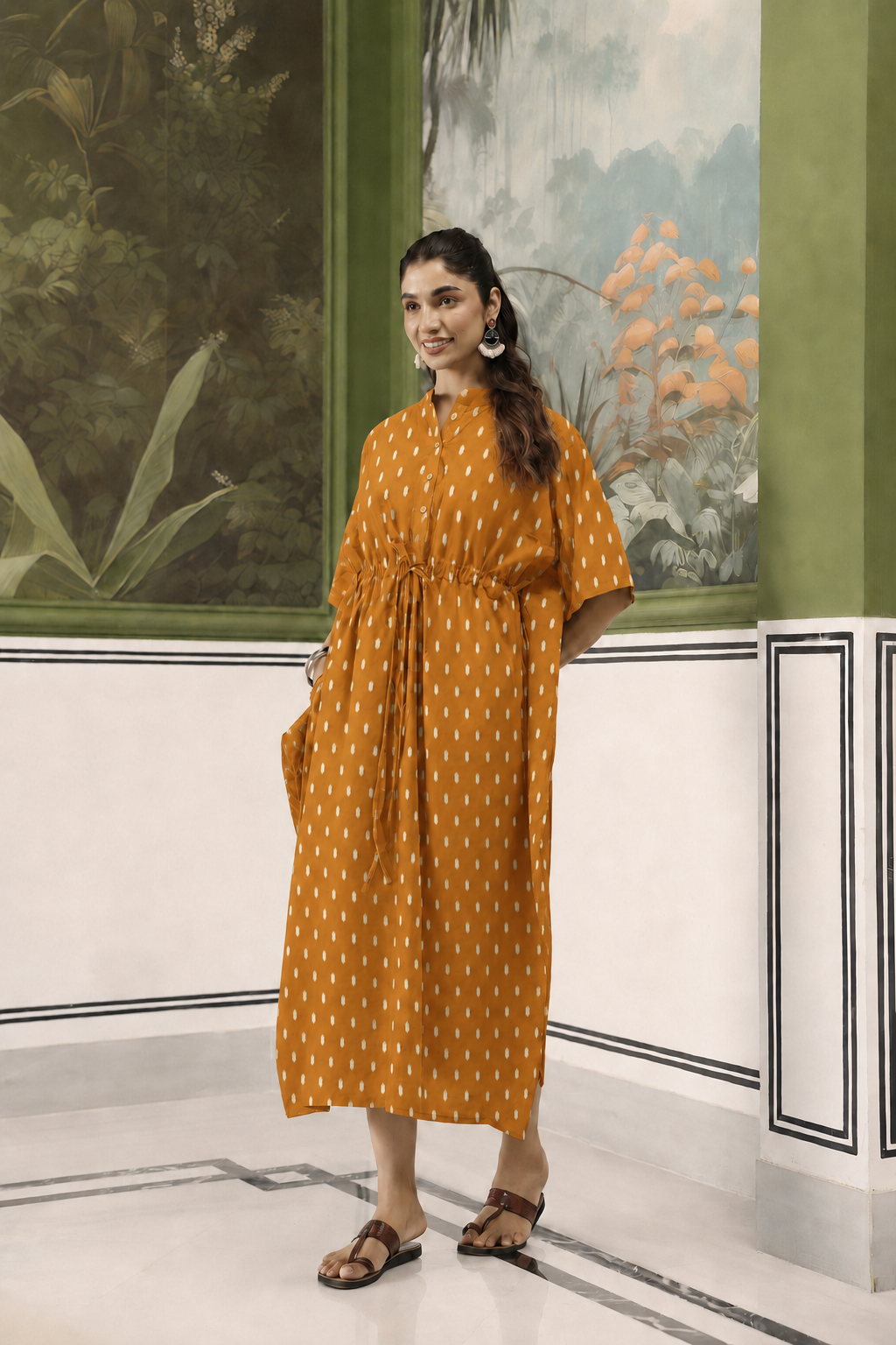 Mustard Loom Print Cotton Maternity - Nursing Kaftan ( One-Size )