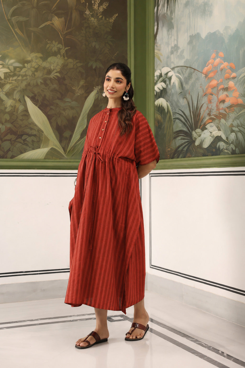 Rust Abstract Stripe Cotton Maternity - Nursing Kaftan ( One-Size )