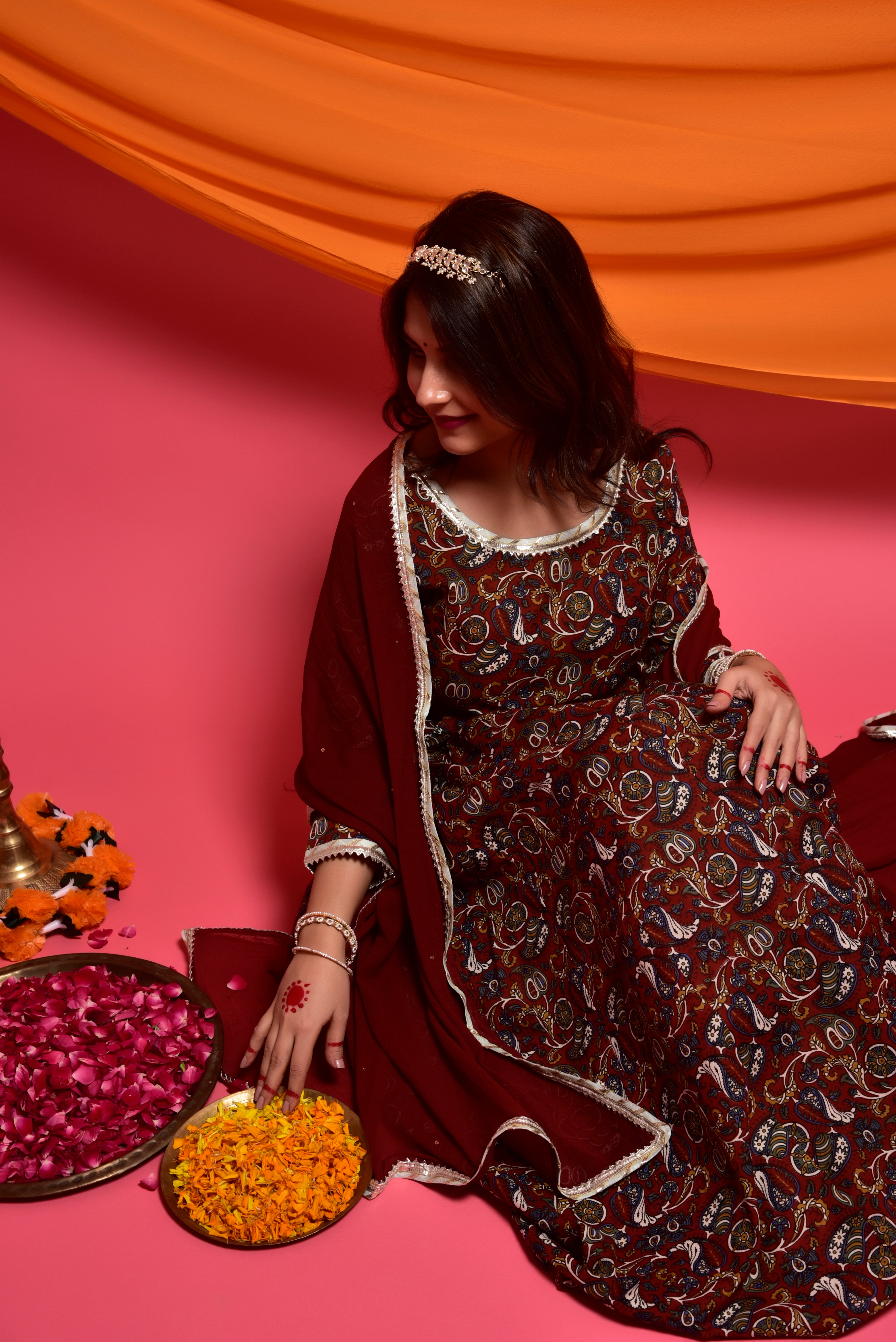 Burnt maroon kalamkari cotton anarkaliI suit