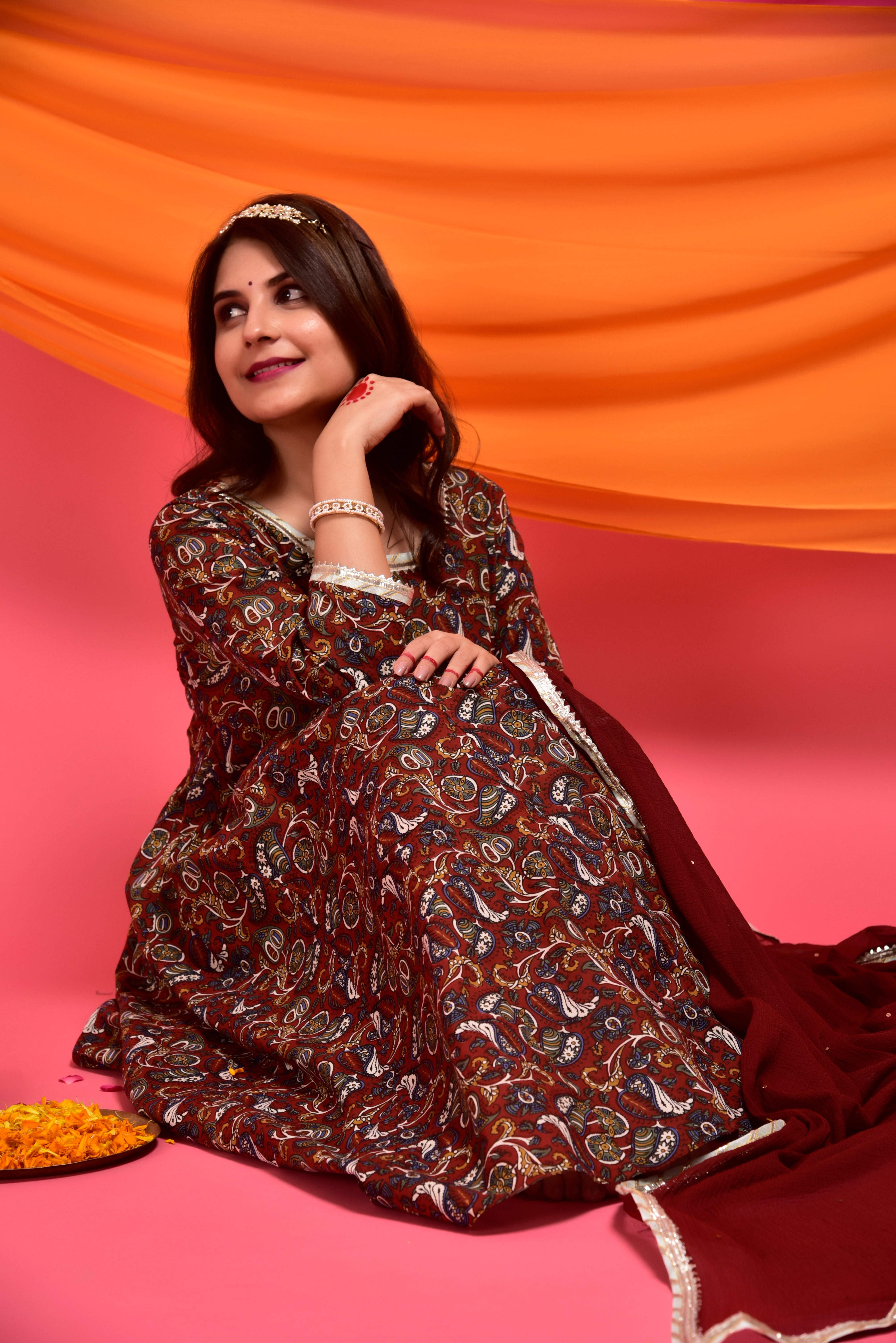 Burnt maroon kalamkari cotton anarkaliI suit