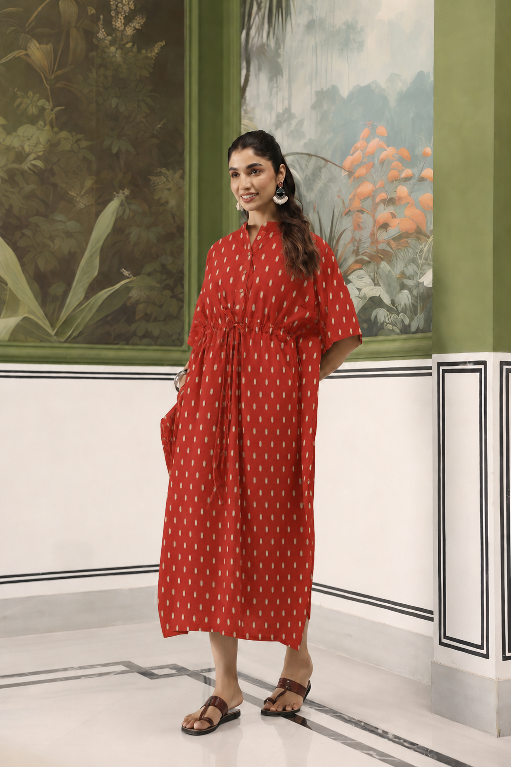 Maroon Loom Print Cotton Maternity - Nursing Kaftan ( One-Size )