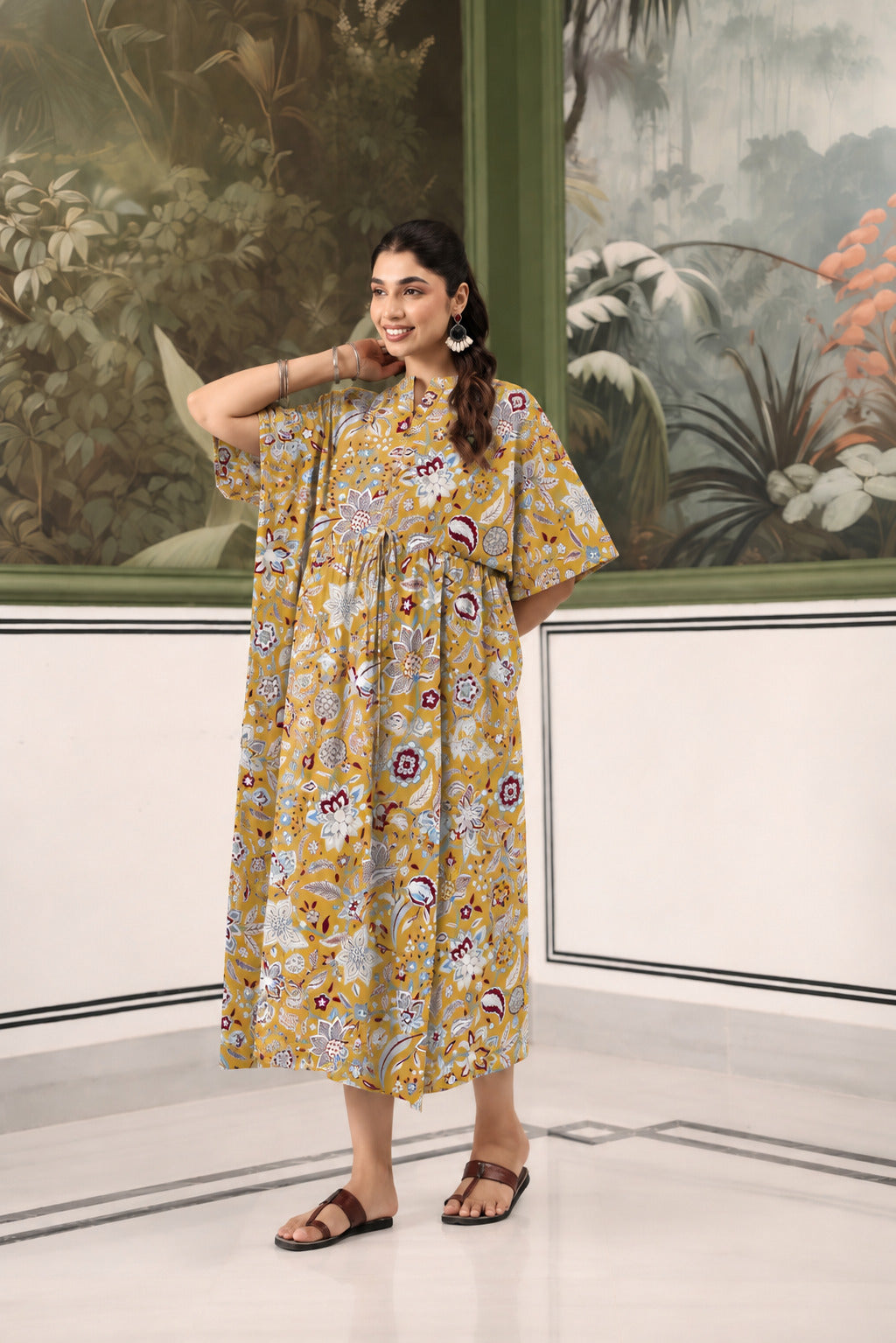 Wildflower Gold Cotton Maternity - Nursing Kaftan ( One-Size )