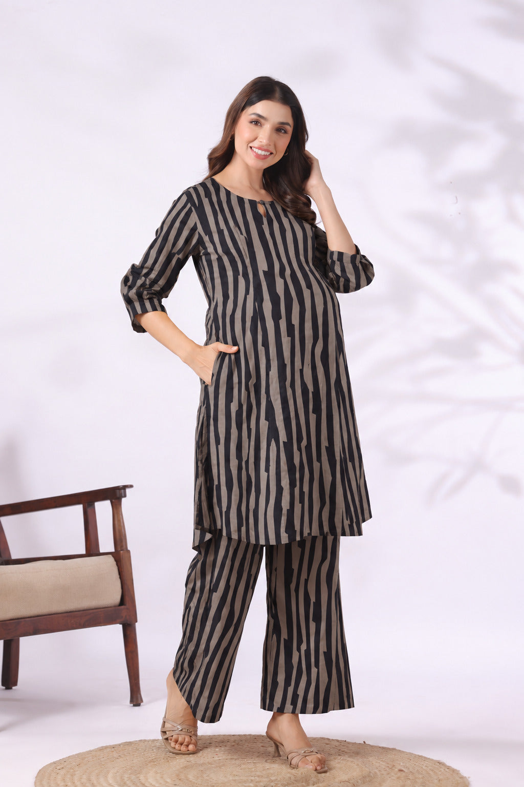 Black Grey Abstract Stripe Cotton Maternity - Nursing Co-ord Set
