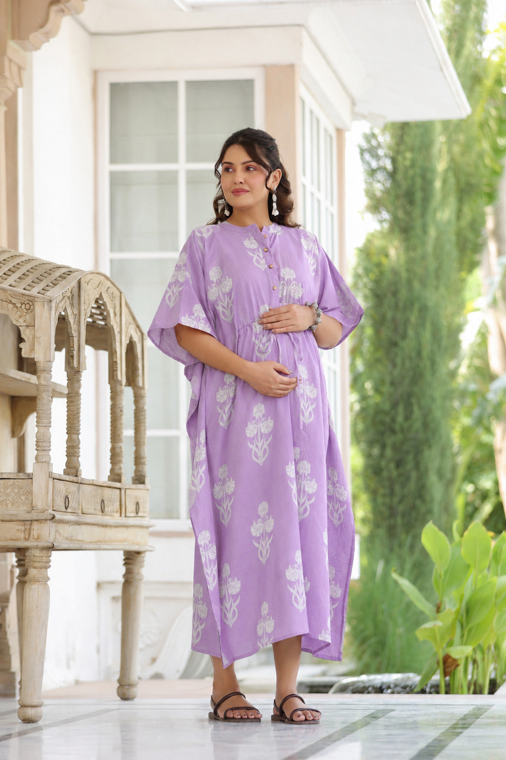 Lavender Dream Boota Cotton Maternity - Nursing Kaftan ( One-Size )