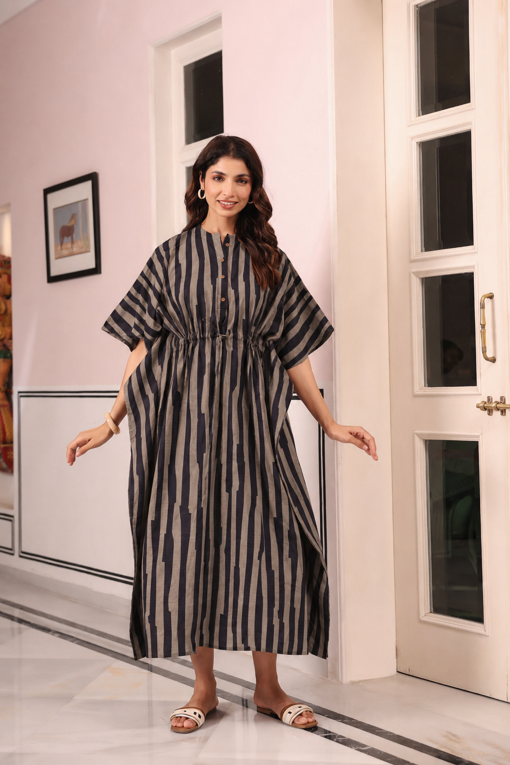 Black Grey Abstract Stripe Cotton Kaftan ( One-Size )