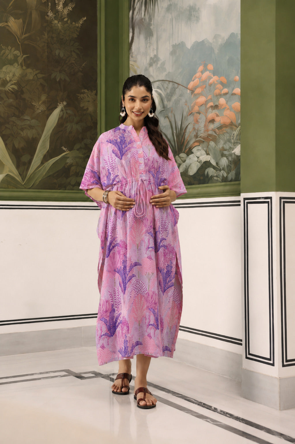 Lavender Bloom Garden Cotton Maternity - Nursing Kaftan ( One-Size )
