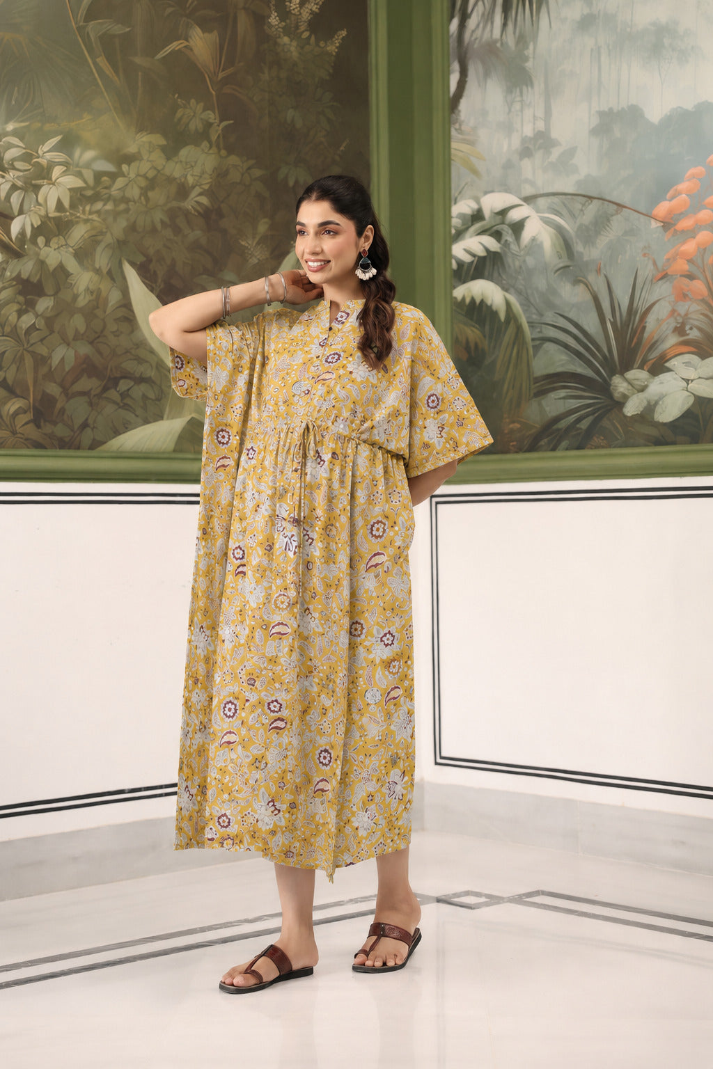 Wildflower Gold Cotton Maternity - Nursing Kaftan ( One-Size )