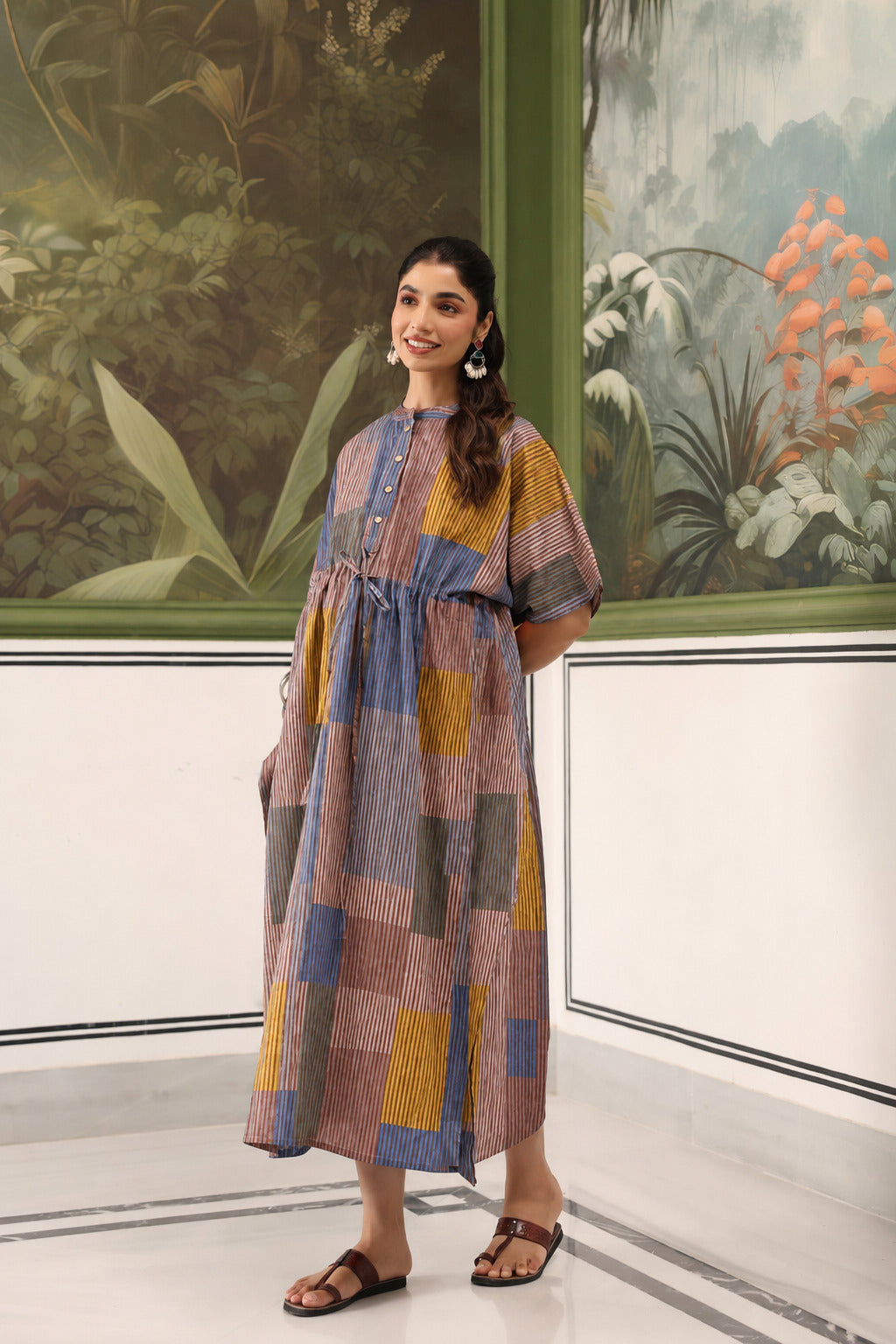 Ocean Blue Multi Panelled Cotton Maternity - Nursing Kaftan ( One-Size )