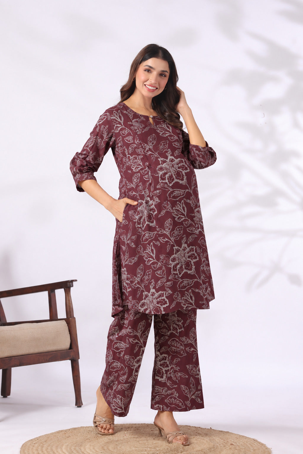 Plum Leaf Print Cotton Maternity - Nursing Co-ord Set