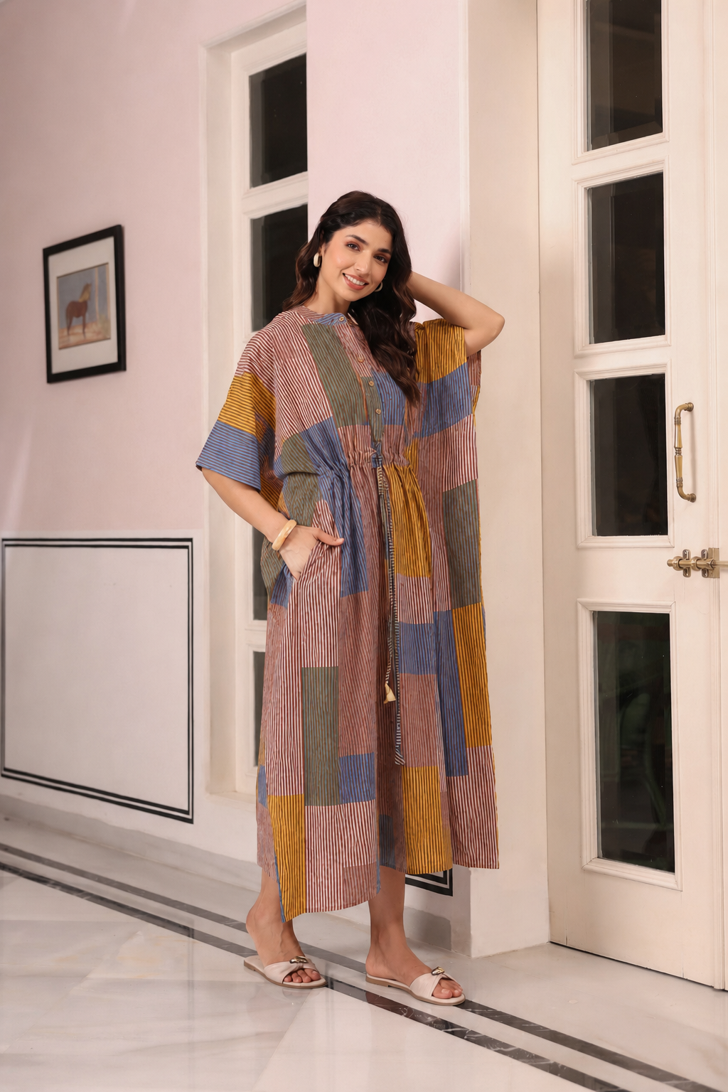 Ocean Blue Multi Panelled Cotton Kaftan ( One-Size )