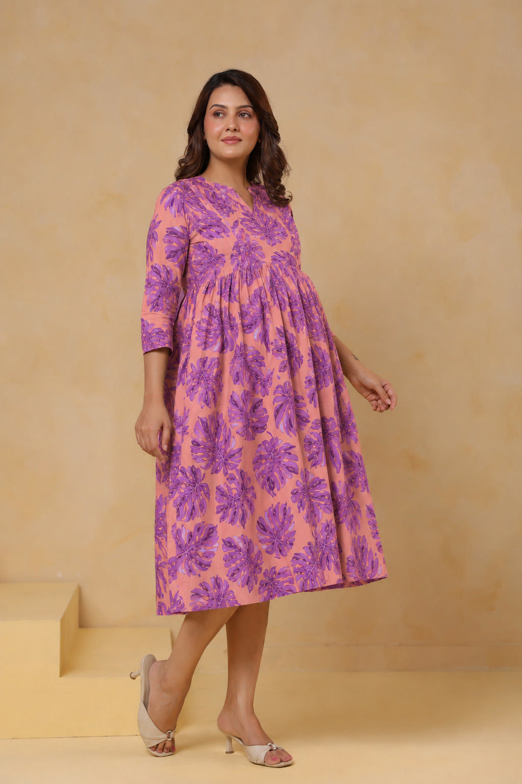 Tropical Violet Palm Cotton Maternity - Nursing Dress