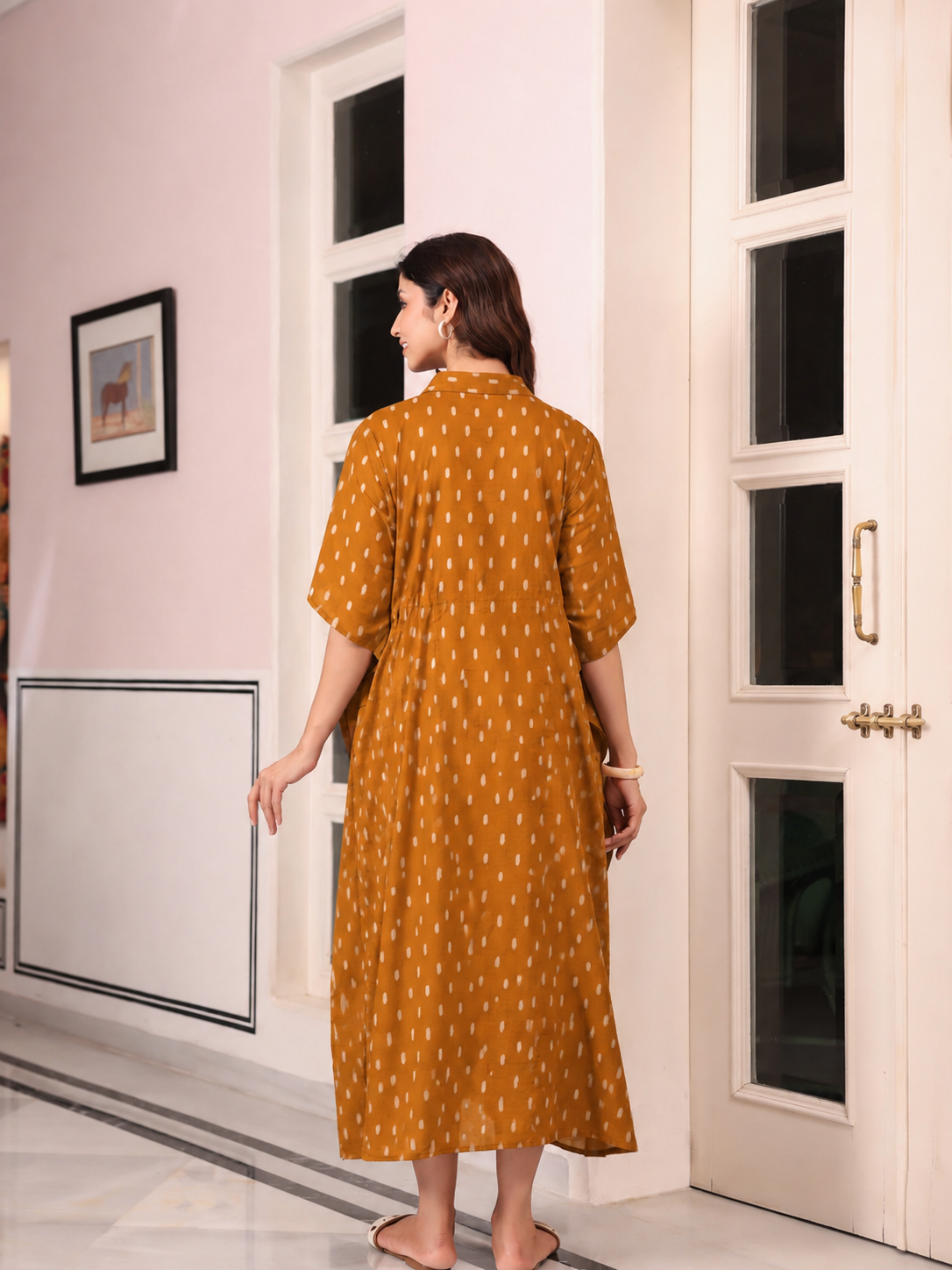 Mustard Loom Print Cotton Kaftan ( One-Size )