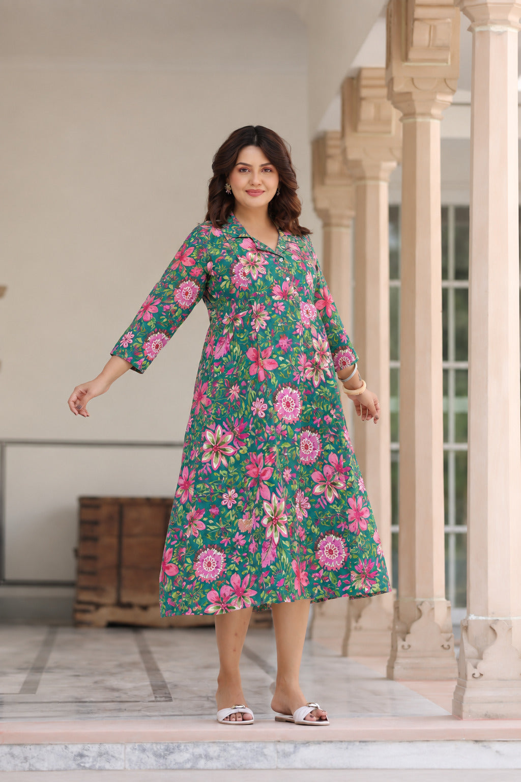 Emerald Bloom Cotton Maternity - Nursing Dress